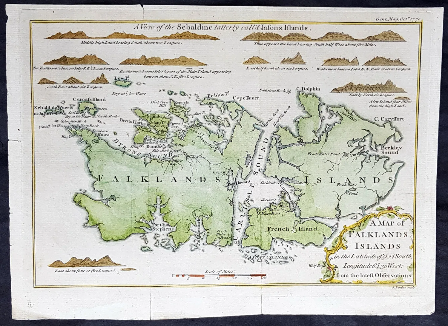 1770 Gentlemans Magazine Antique Map & Views of The Falkland Islands