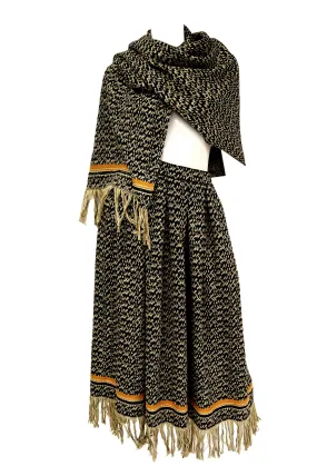 1970s Anne Klein Black and Beige Wool Fringe Skirt and Shawl