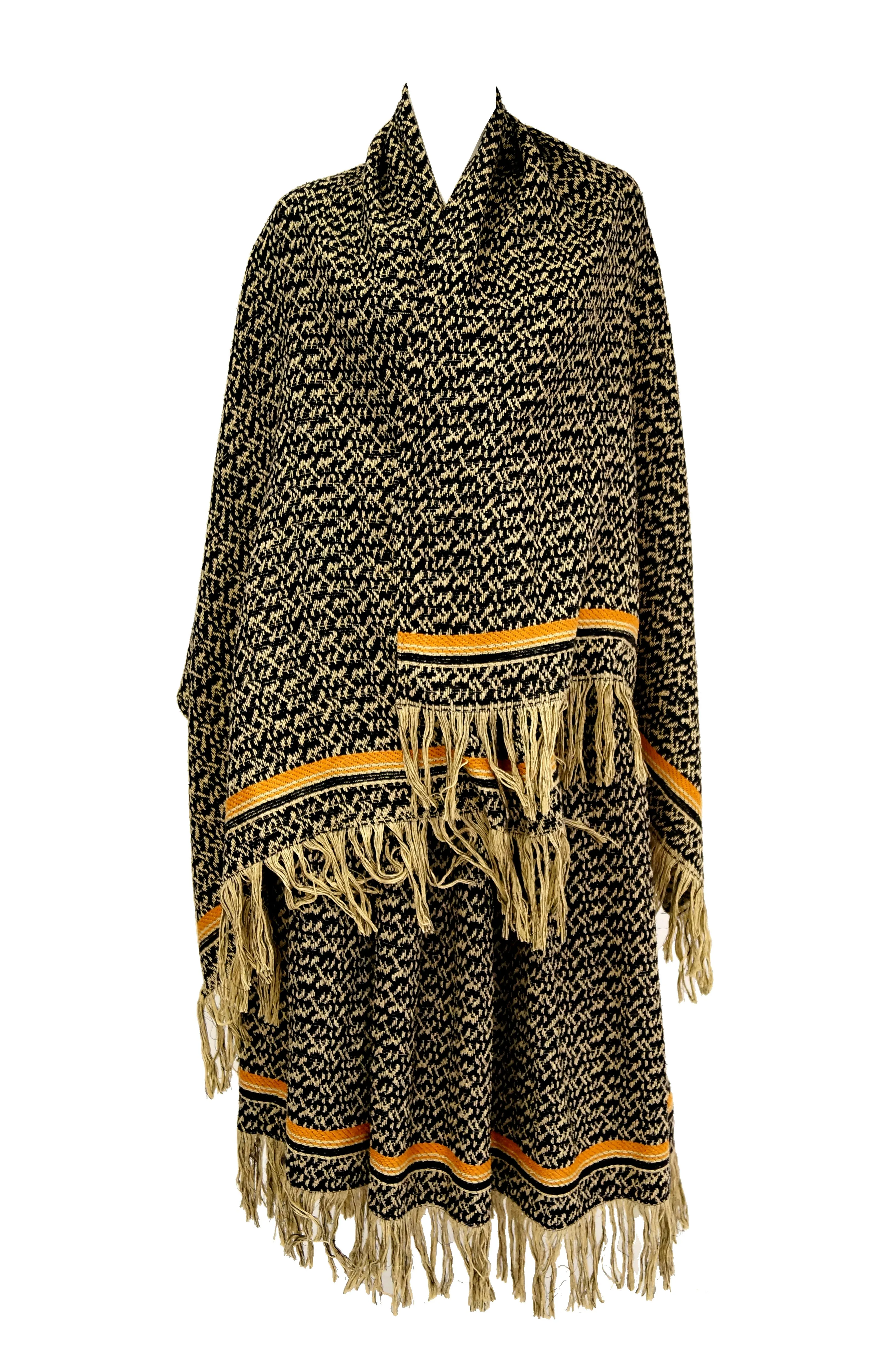 1970s Anne Klein Black and Beige Wool Fringe Skirt and Shawl