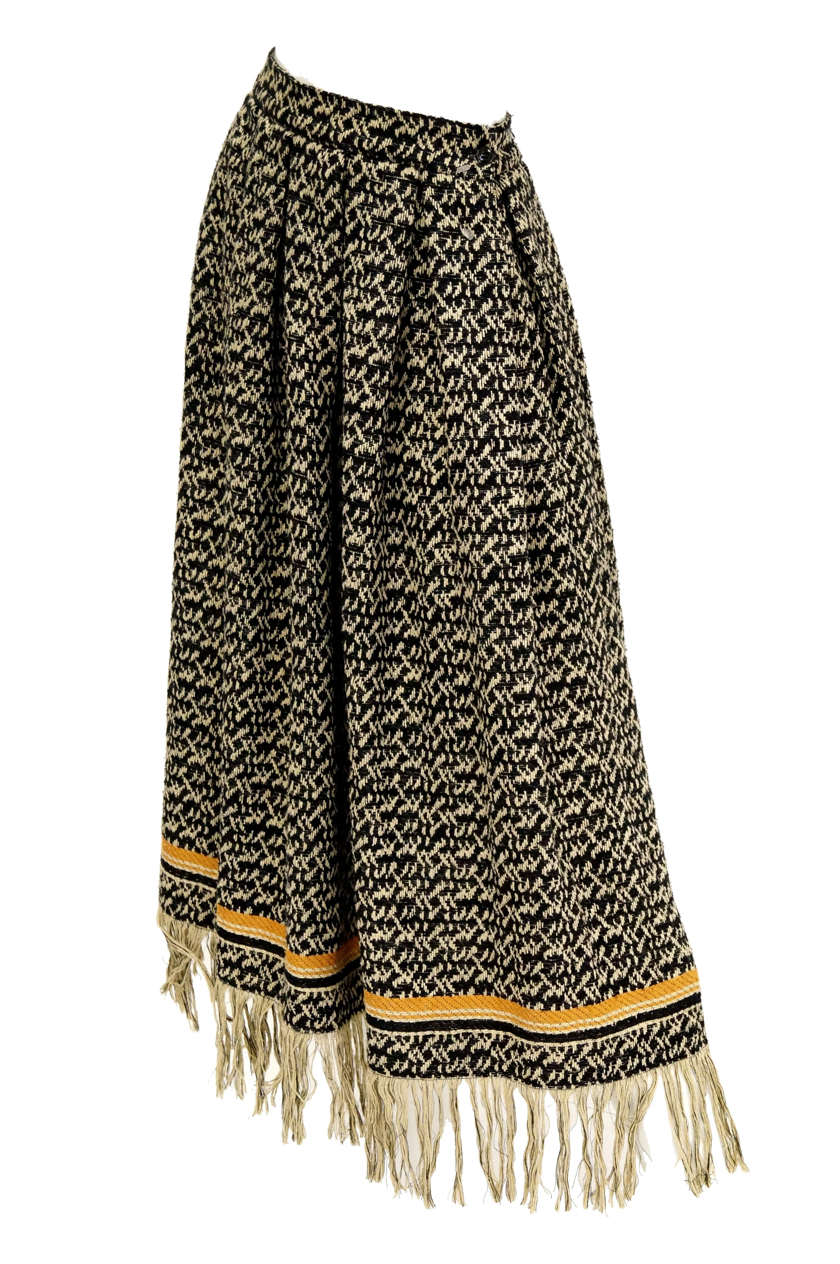 1970s Anne Klein Black and Beige Wool Fringe Skirt and Shawl