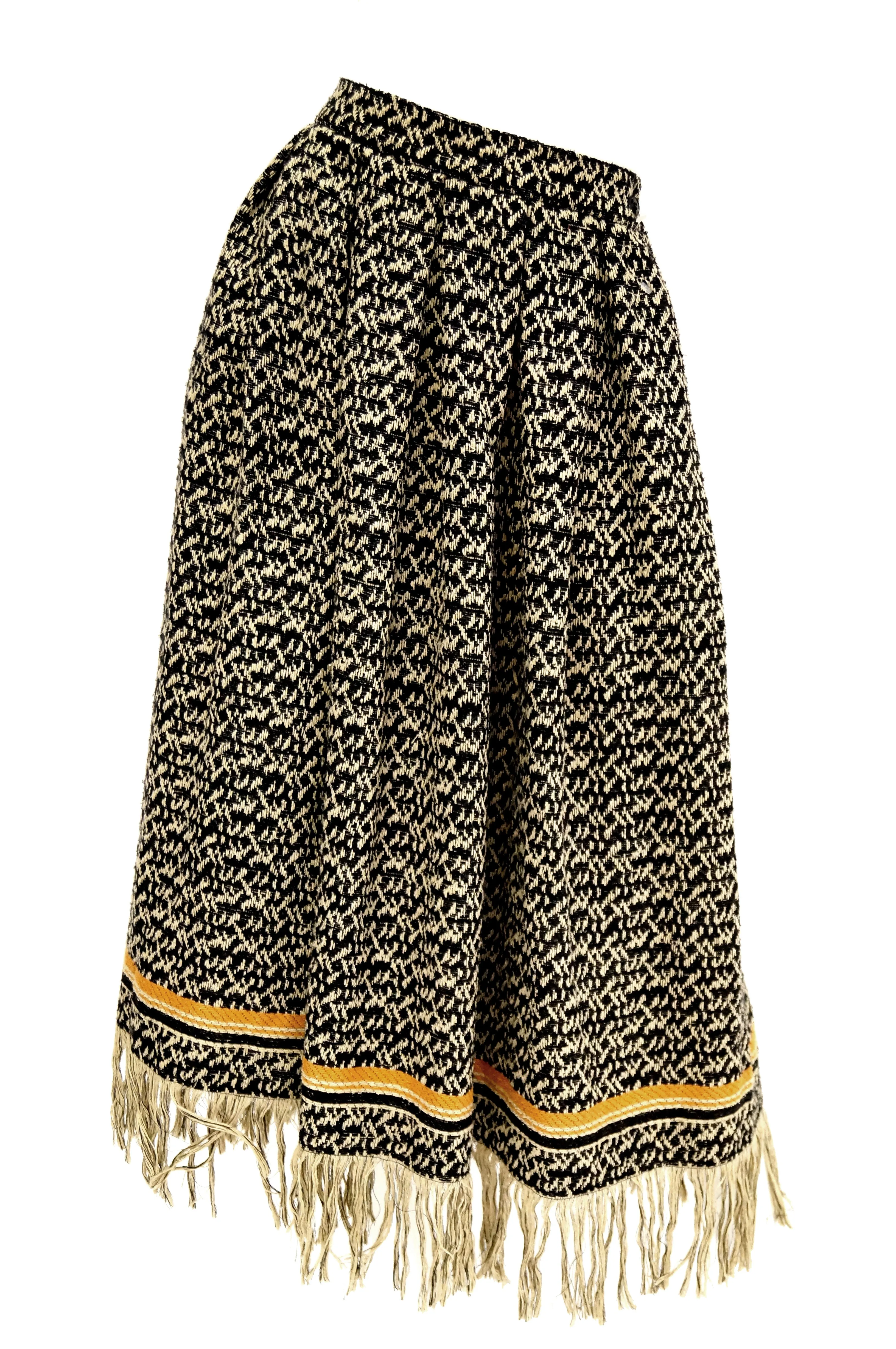 1970s Anne Klein Black and Beige Wool Fringe Skirt and Shawl