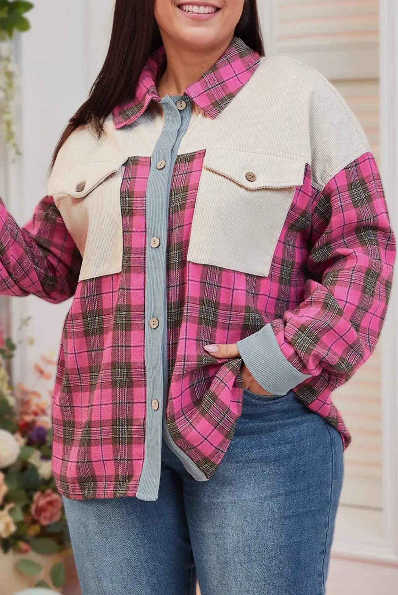 66 Disco Plaid Waffle Knit Patchwork Shacket