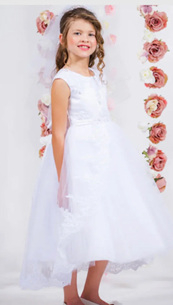 7008 - Lace Appliqué Swoop Train First Communion or Flower Girl Dress