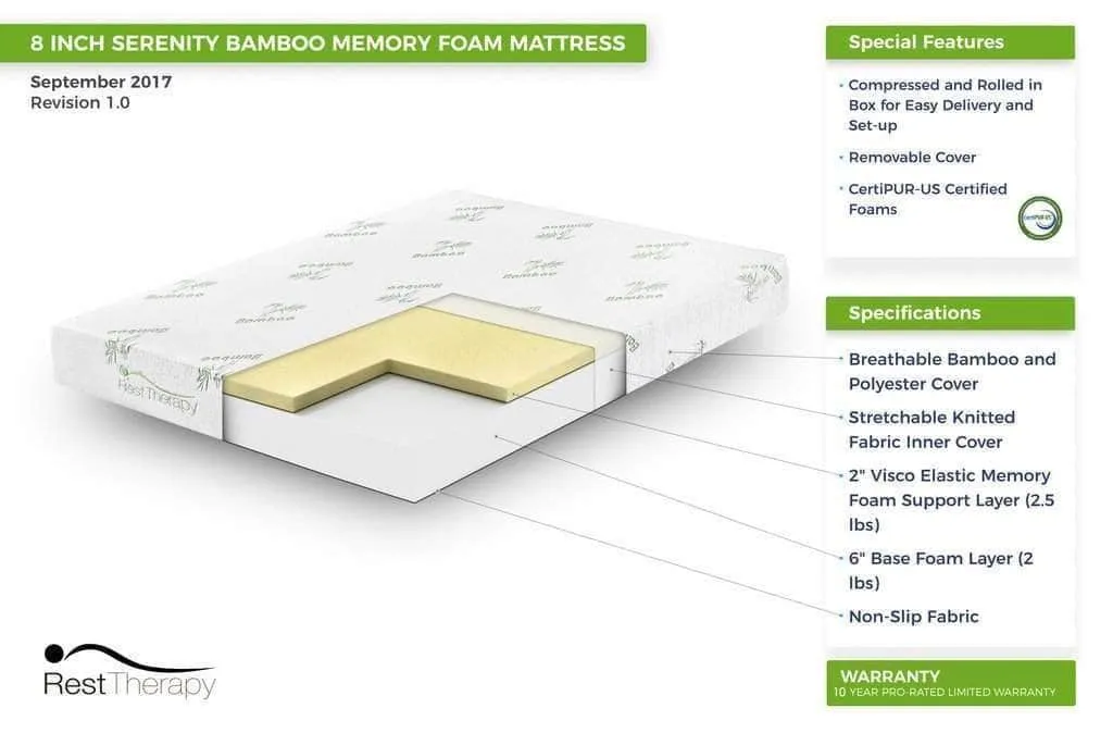 8 Inch Serenity Bamboo Memory Foam Mattress - Available in 4 Sizes