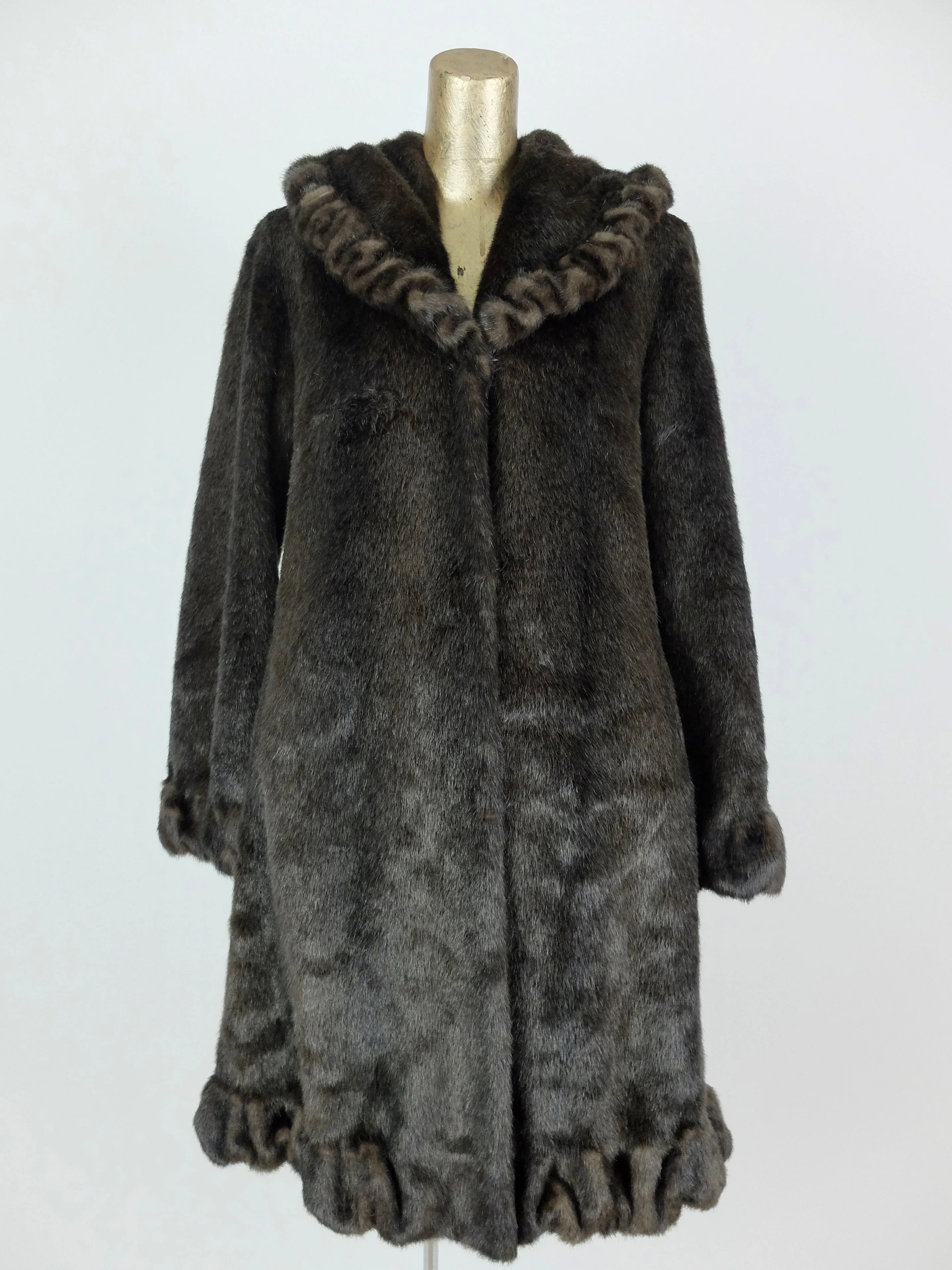 80s Ruffled Dark Brown Faux Fur Long Winter Coat with Pockets