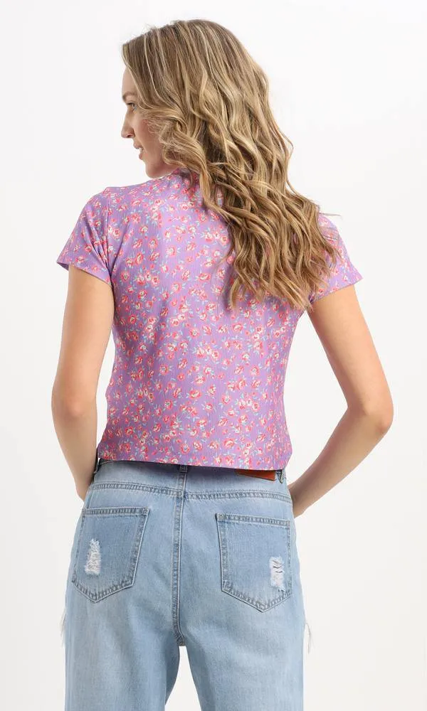 94946 Floral Mock Neck Light Purple Crop Top