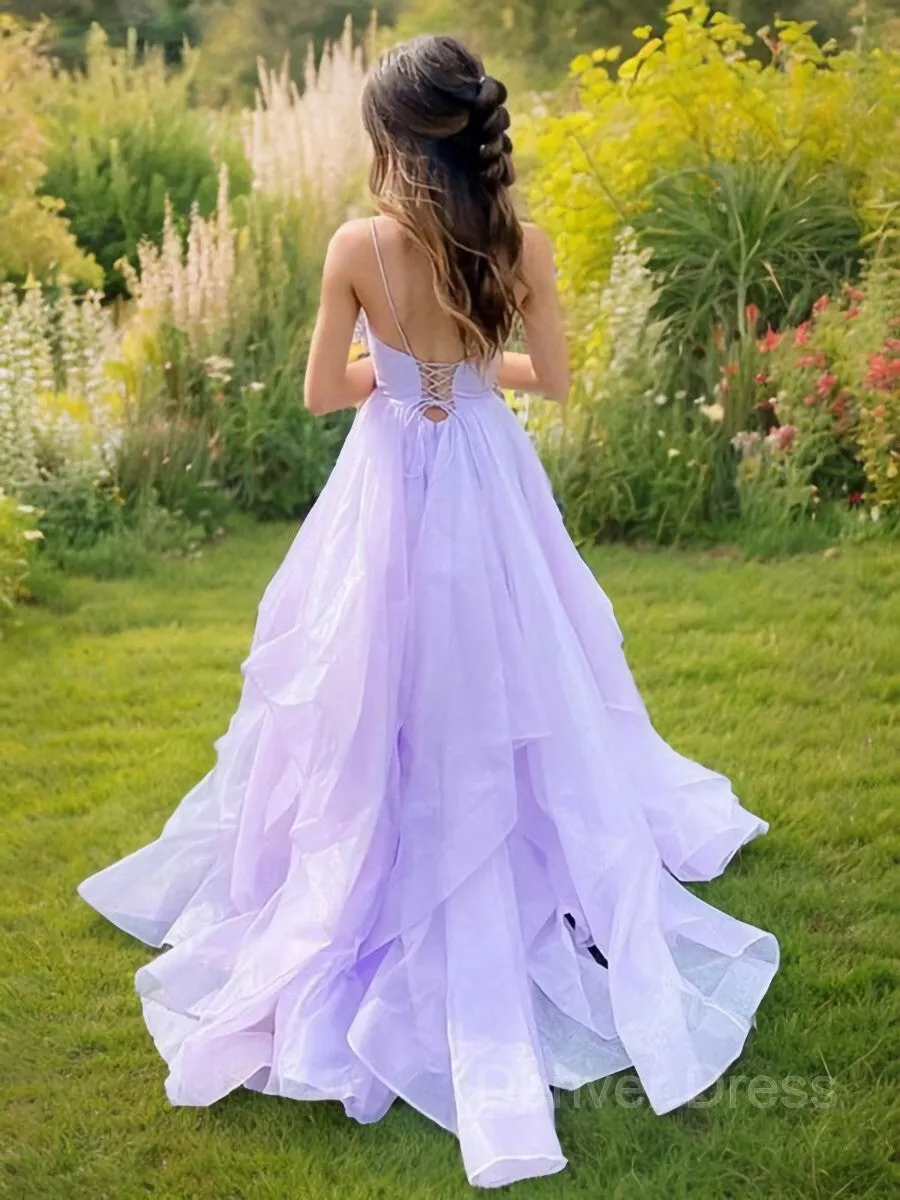 A-Line V-neck Sweep Train Prom Dresses