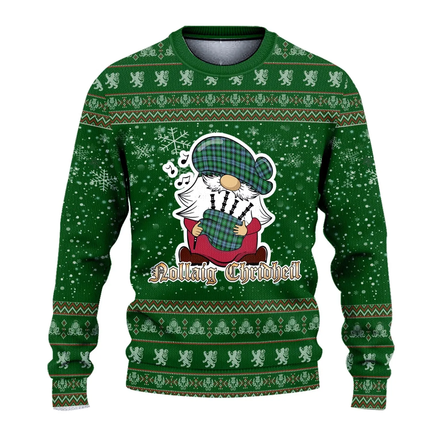 Arbuthnot Ancient Clan Christmas Family Ugly Sweater with Funny Gnome Playing Bagpipes