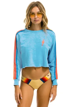 AVIATOR NATION BOLT EMBROIDERY CLASSIC CROPPED CREW SWEATSHIRT - SKY // NEON RAINBOW STRIPES