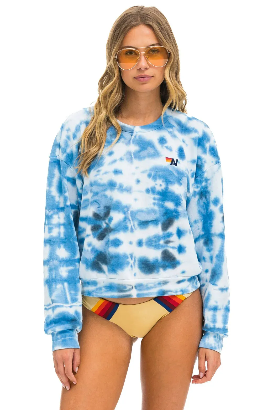 Aviator Nation Hand Dyed Relaxed Crew Sweatshirt Tie Dye Blue