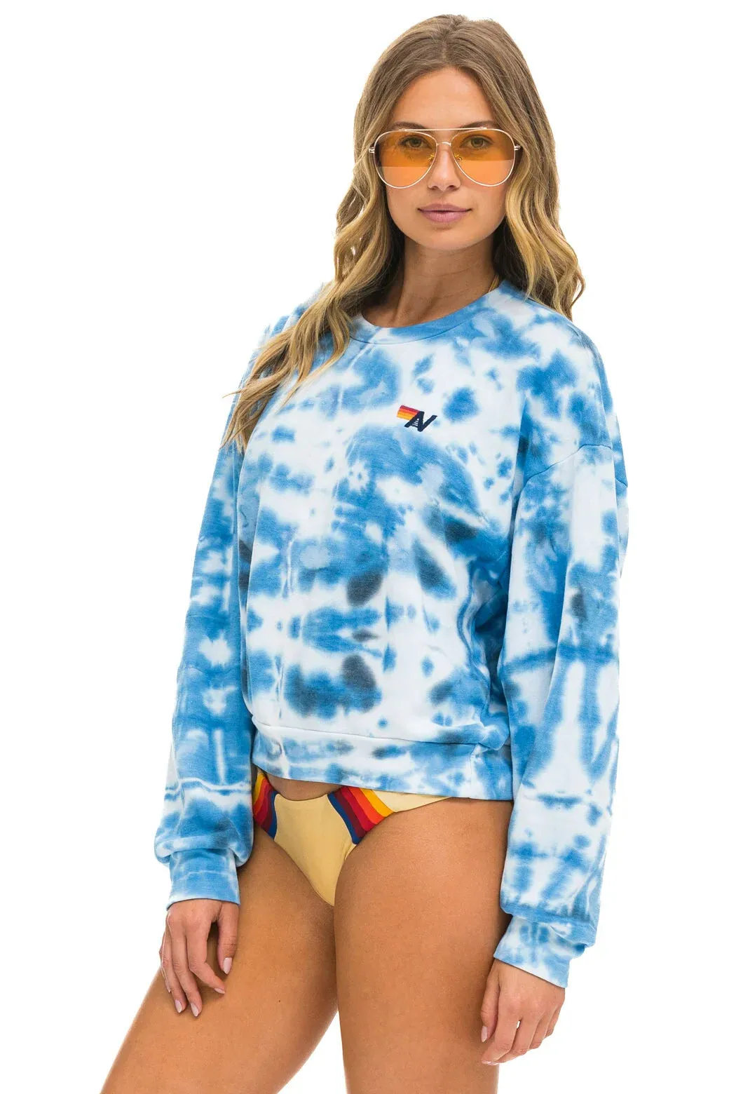 Aviator Nation Hand Dyed Relaxed Crew Sweatshirt Tie Dye Blue