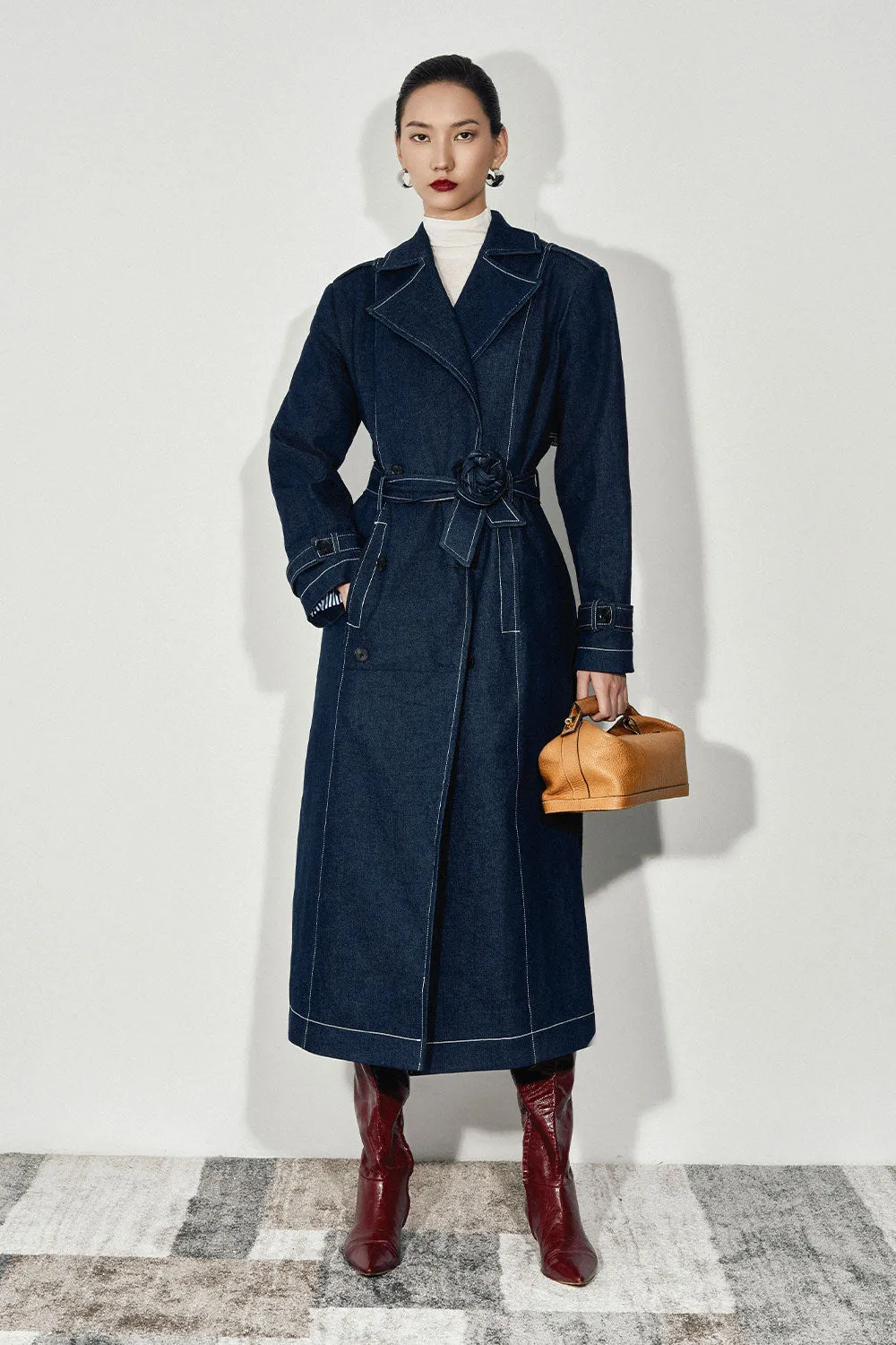 Ayla Straight Belt Strap Denim Calf Length Trench Coat