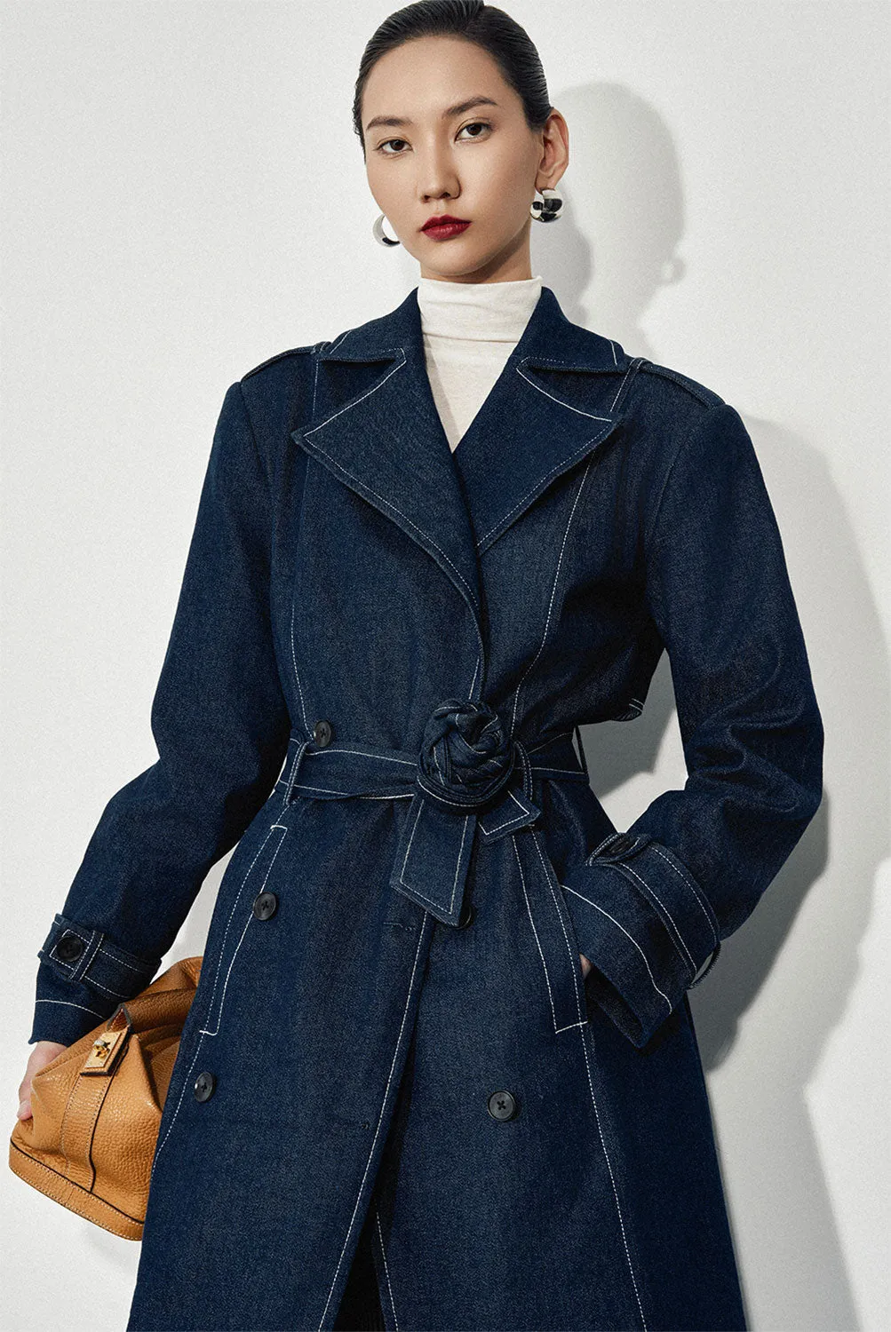 Ayla Straight Belt Strap Denim Calf Length Trench Coat