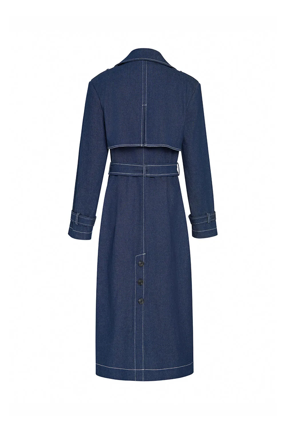 Ayla Straight Belt Strap Denim Calf Length Trench Coat