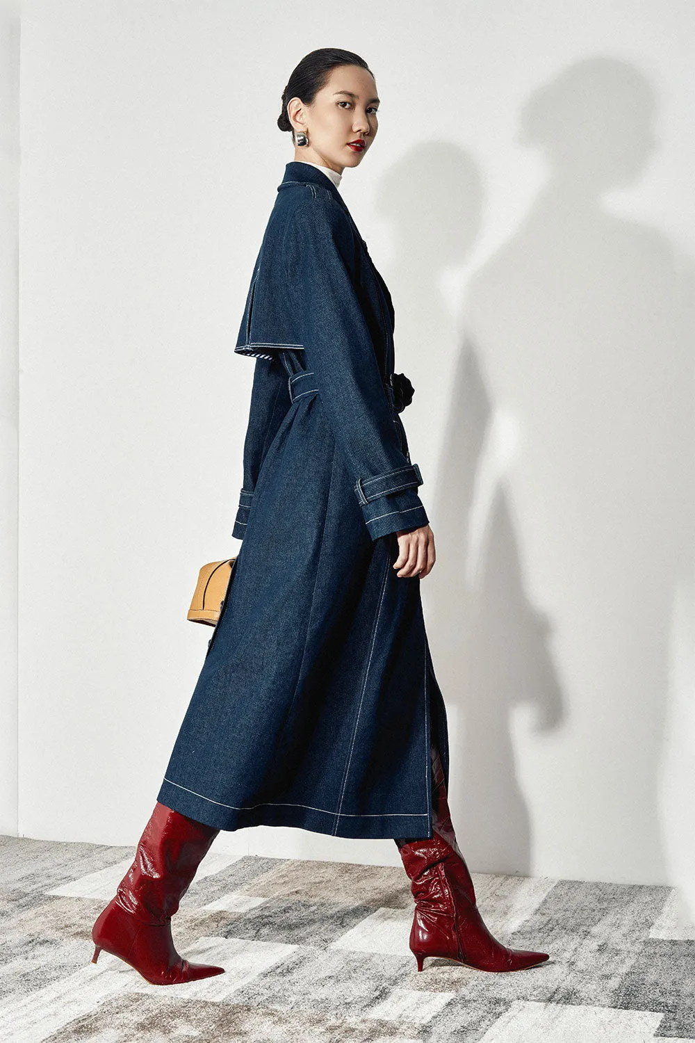 Ayla Straight Belt Strap Denim Calf Length Trench Coat