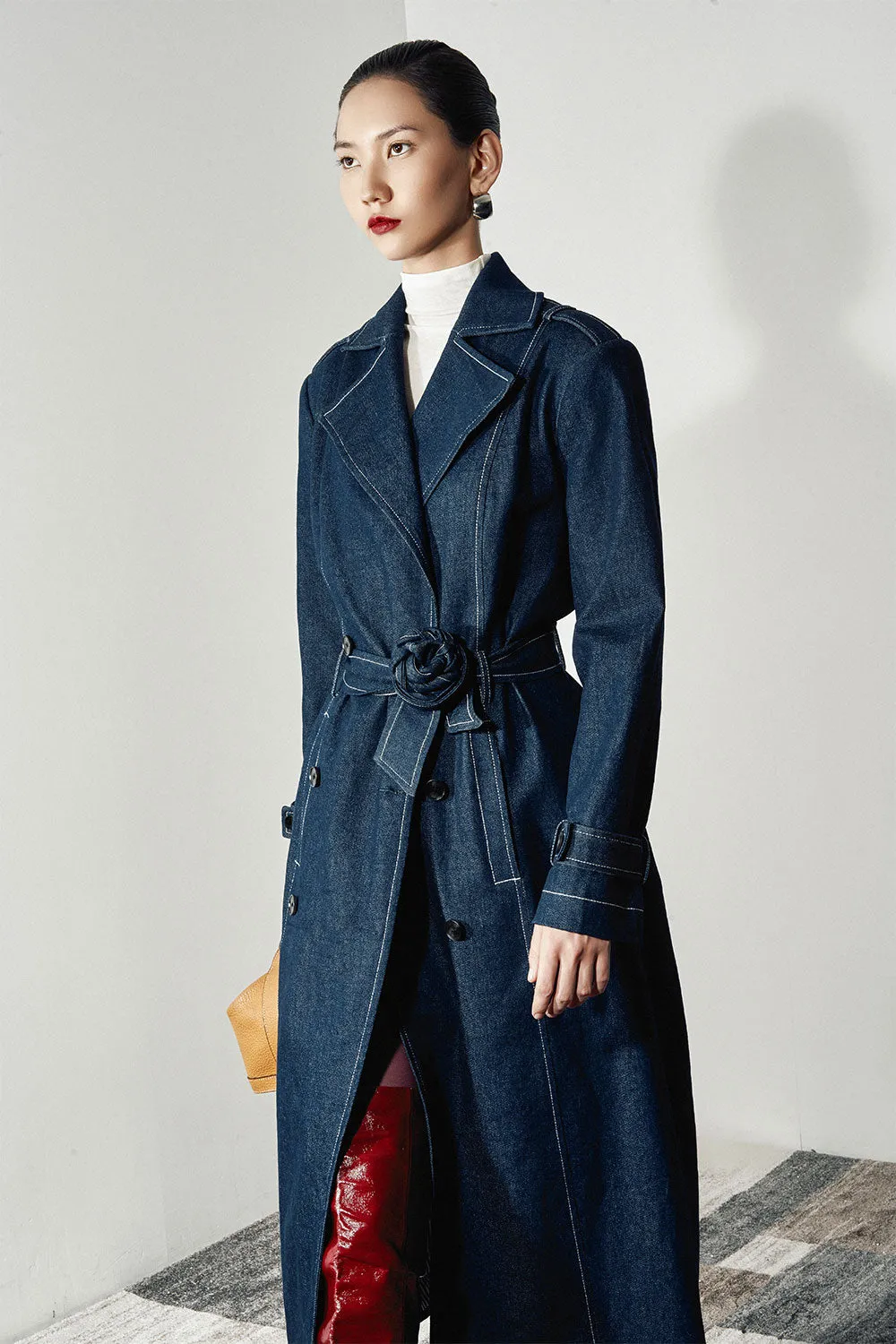 Ayla Straight Belt Strap Denim Calf Length Trench Coat