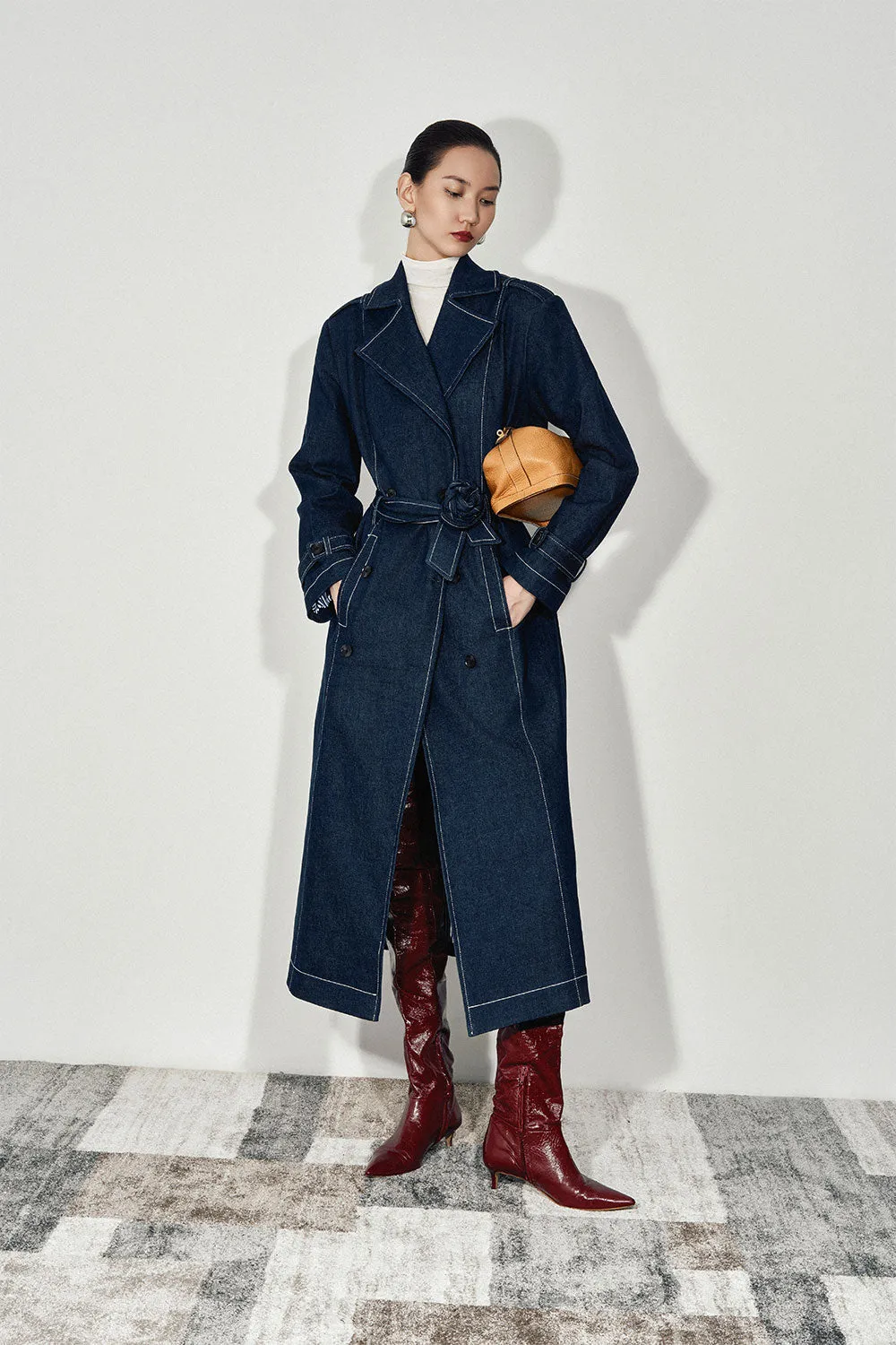 Ayla Straight Belt Strap Denim Calf Length Trench Coat