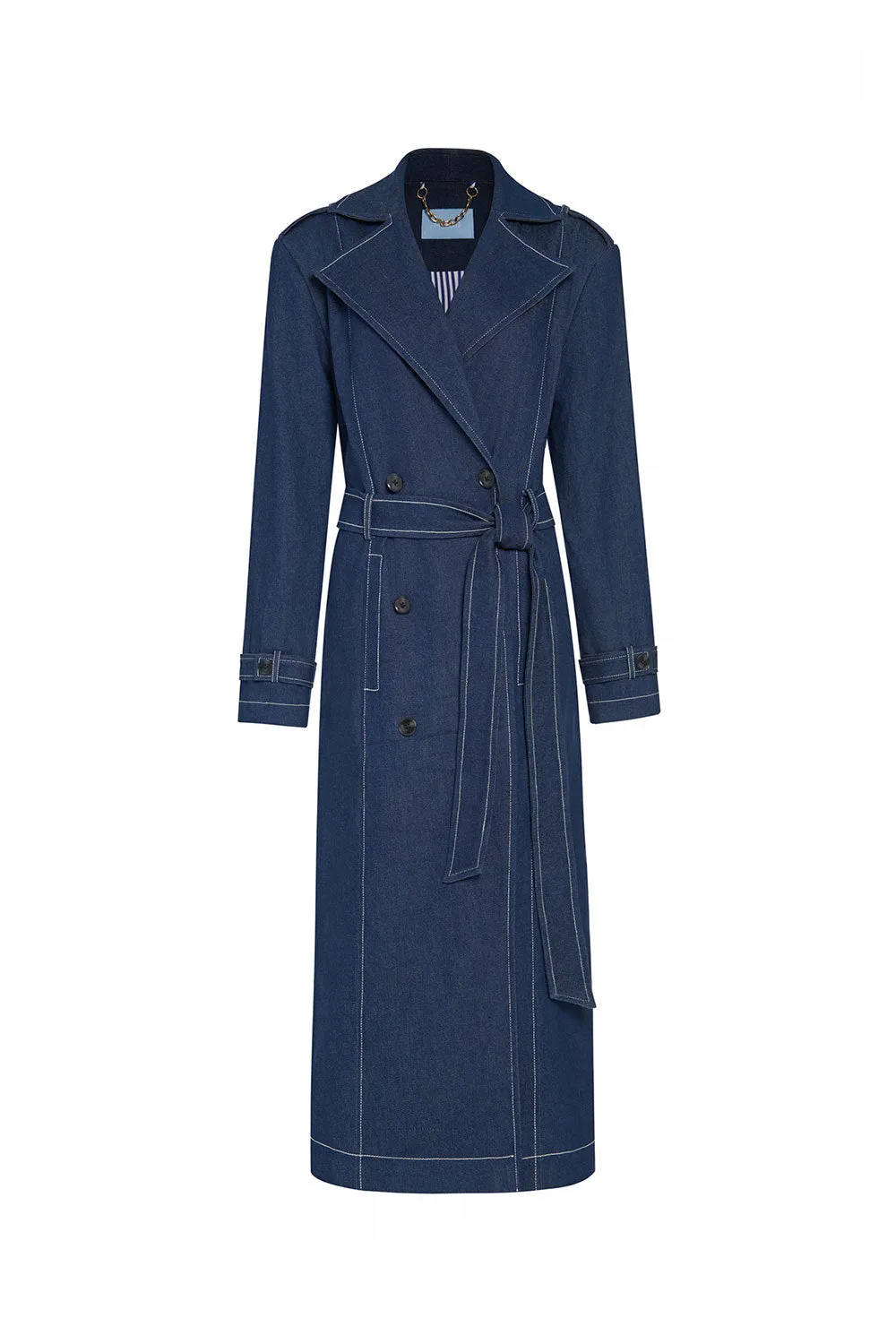 Ayla Straight Belt Strap Denim Calf Length Trench Coat