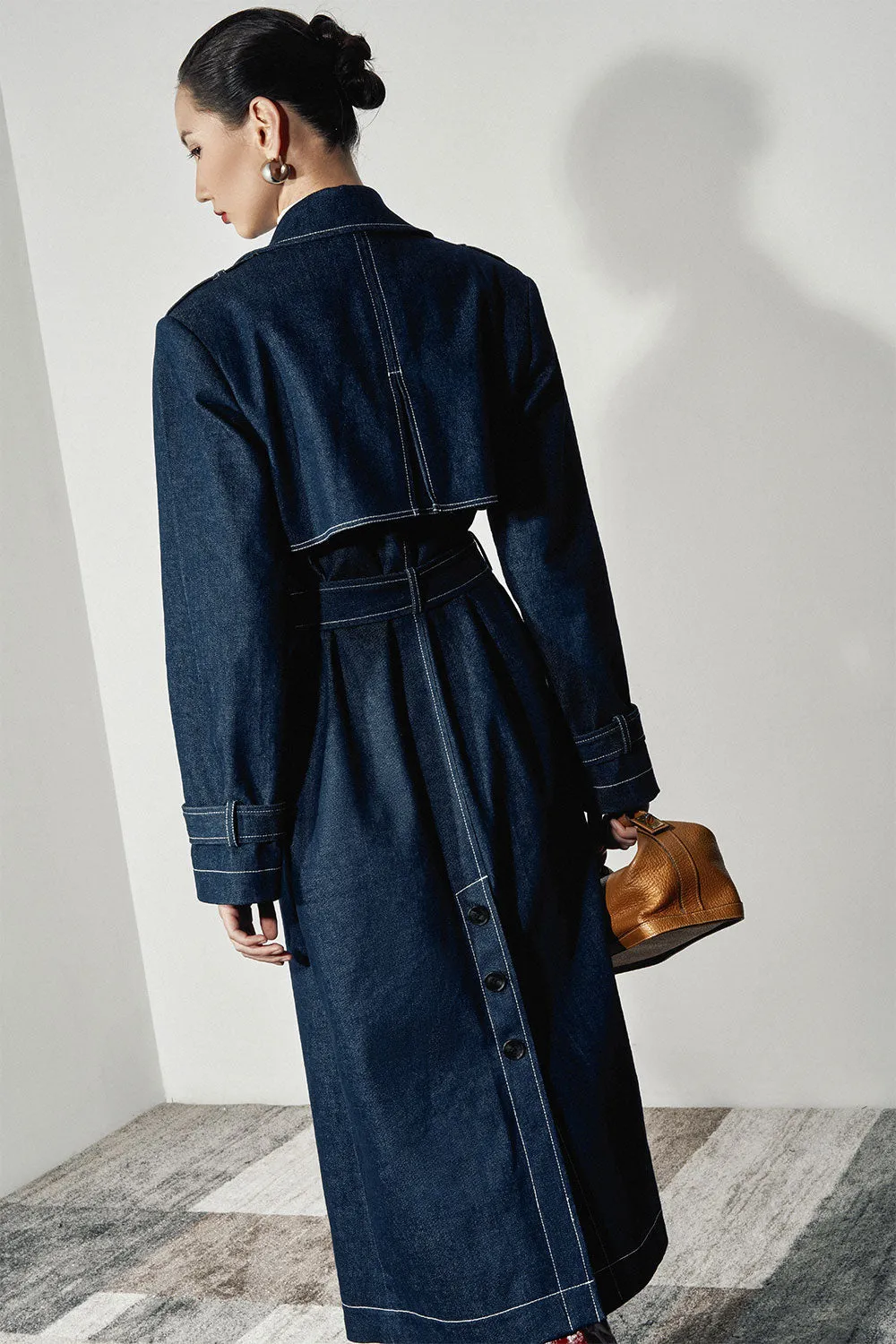 Ayla Straight Belt Strap Denim Calf Length Trench Coat