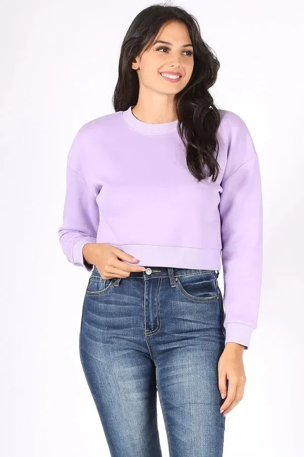 BASIC PLAIN SOLID FLEECE CROP CREWNECK SWEATSHIRT