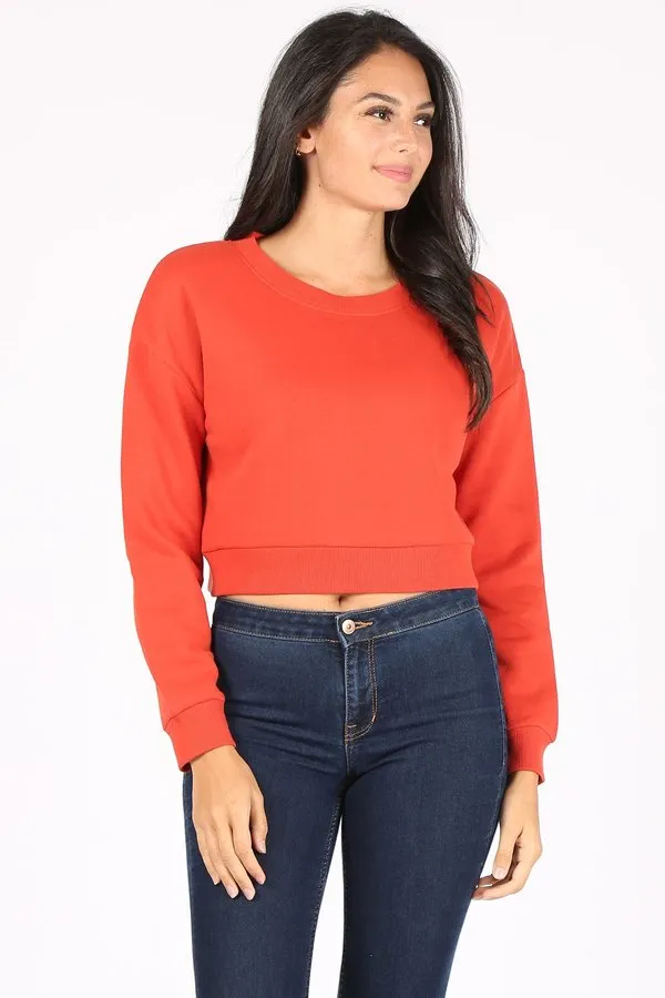 BASIC PLAIN SOLID FLEECE CROP CREWNECK SWEATSHIRT