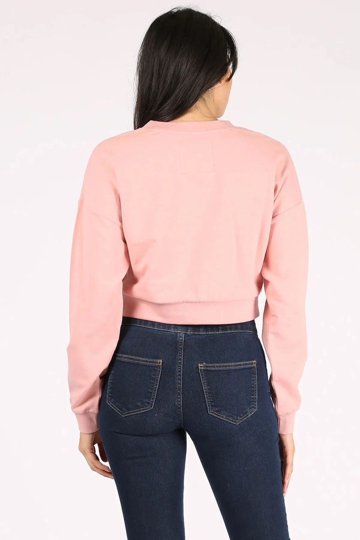 BASIC PLAIN SOLID FLEECE CROP CREWNECK SWEATSHIRT