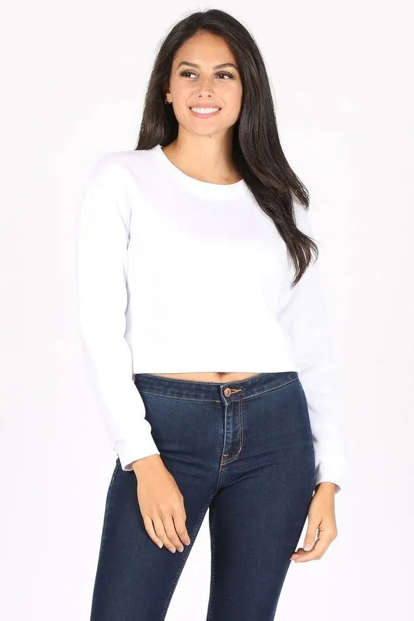 BASIC PLAIN SOLID FLEECE CROP CREWNECK SWEATSHIRT