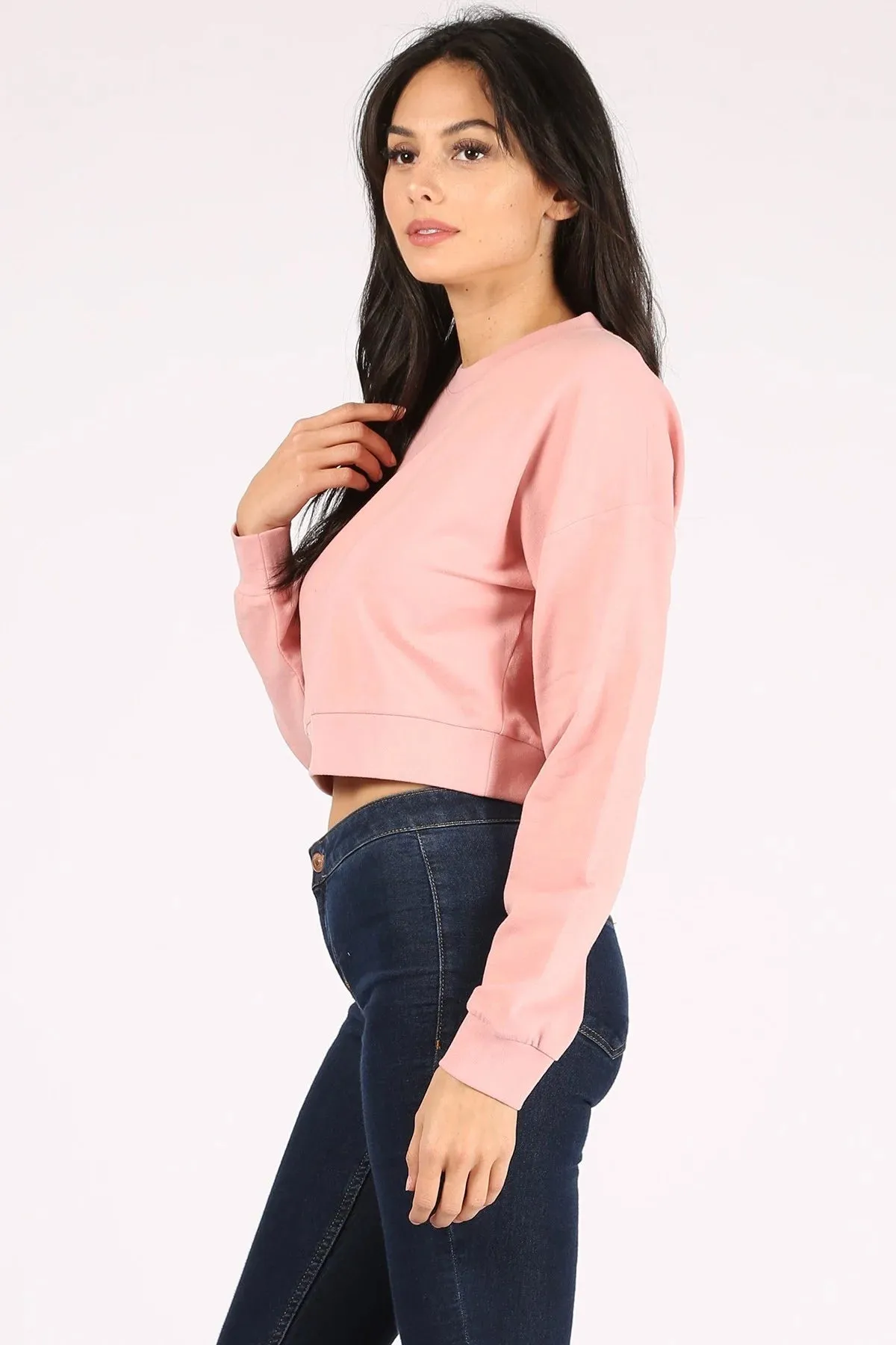 BASIC PLAIN SOLID FLEECE CROP CREWNECK SWEATSHIRT