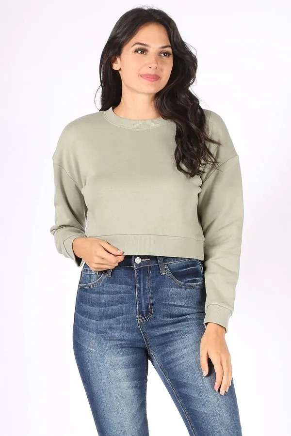 BASIC PLAIN SOLID FLEECE CROP CREWNECK SWEATSHIRT