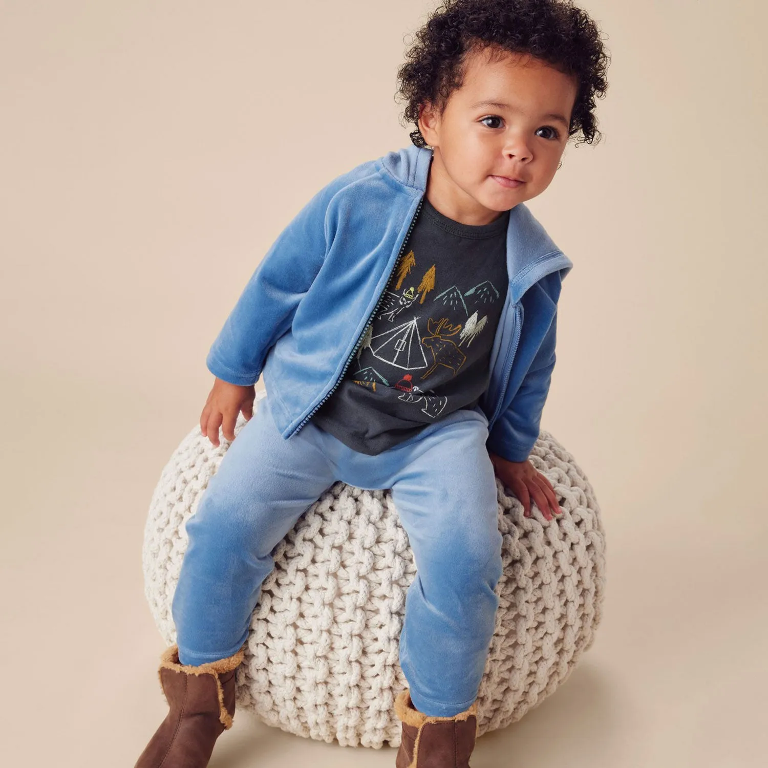 Bear Ears Velour Baby Hoodie - Coronet Blue - FINAL SALE