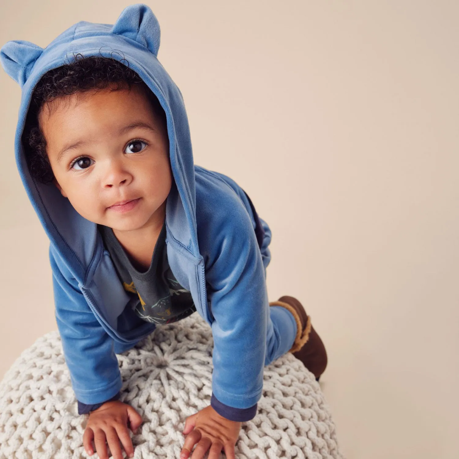 Bear Ears Velour Baby Hoodie - Coronet Blue - FINAL SALE