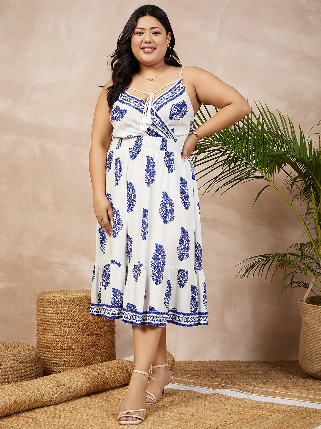 Berrylush Women Plus Size White & Blue Paisley Printed V-Neck Sleeveless Front Tassel Tie-Up Flared A-Line Midi Dress