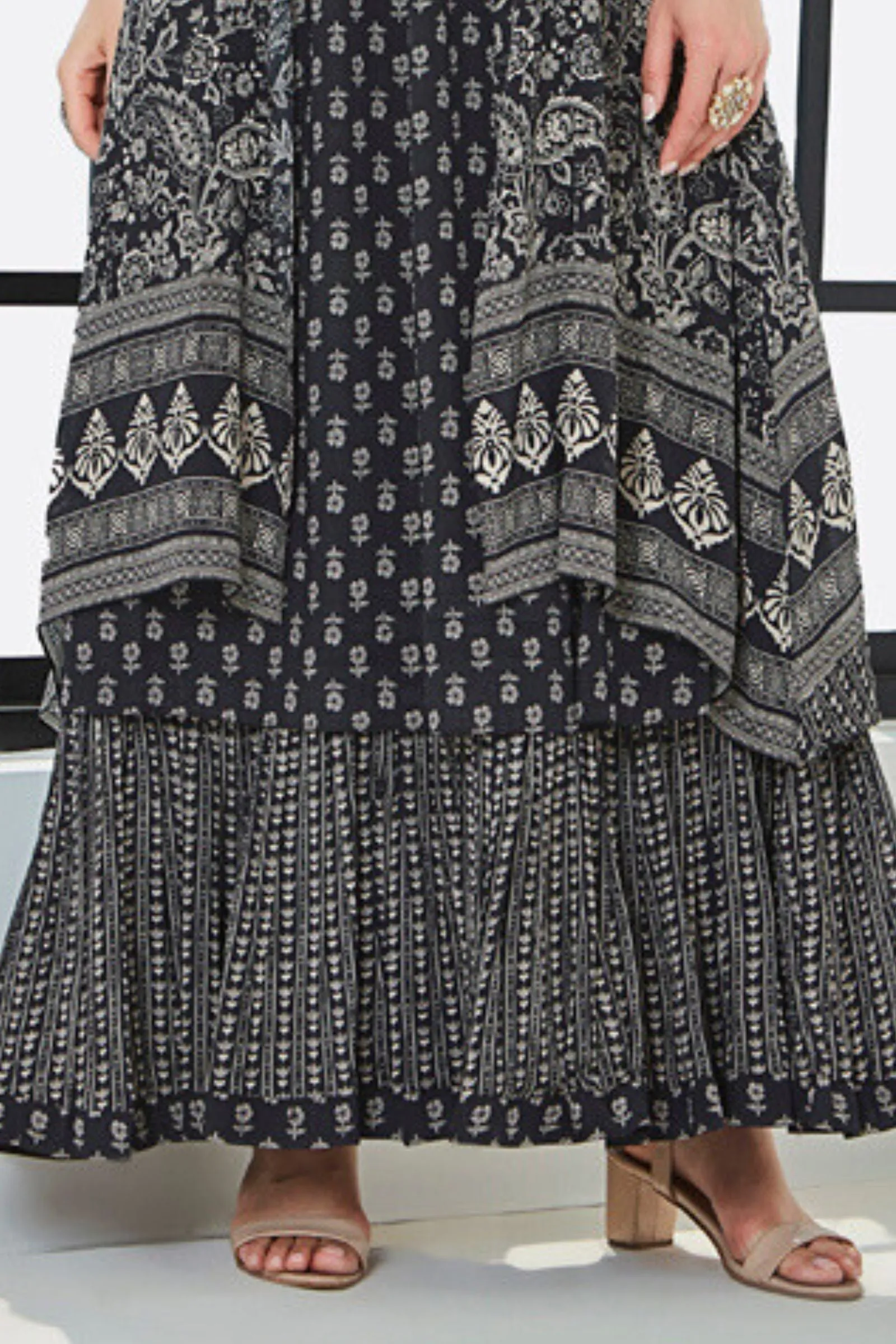 Black Beads, Sequins and Thread work with Digital Print Anarkali Styled Long Kurti