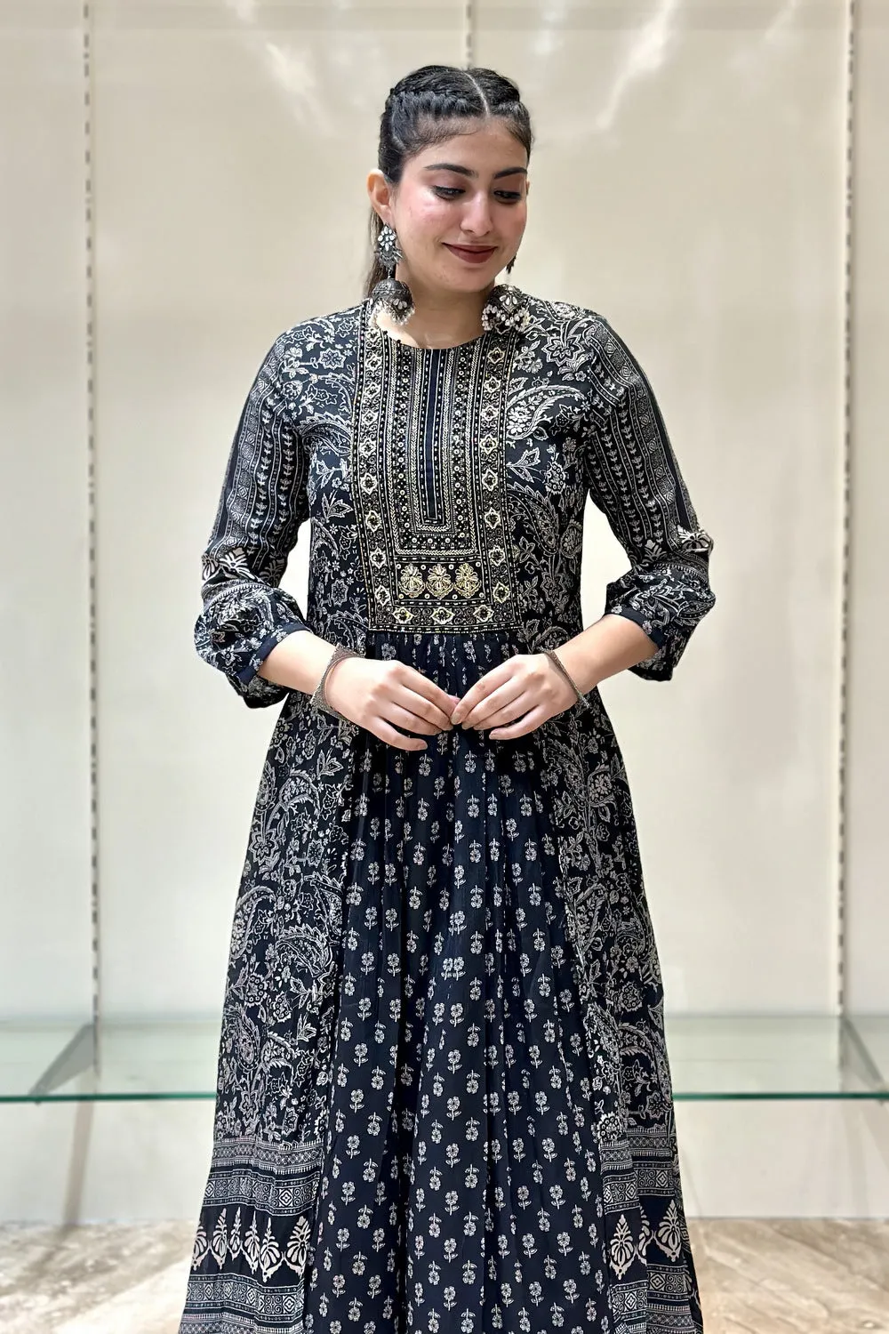 Black Beads, Sequins and Thread work with Digital Print Anarkali Styled Long Kurti