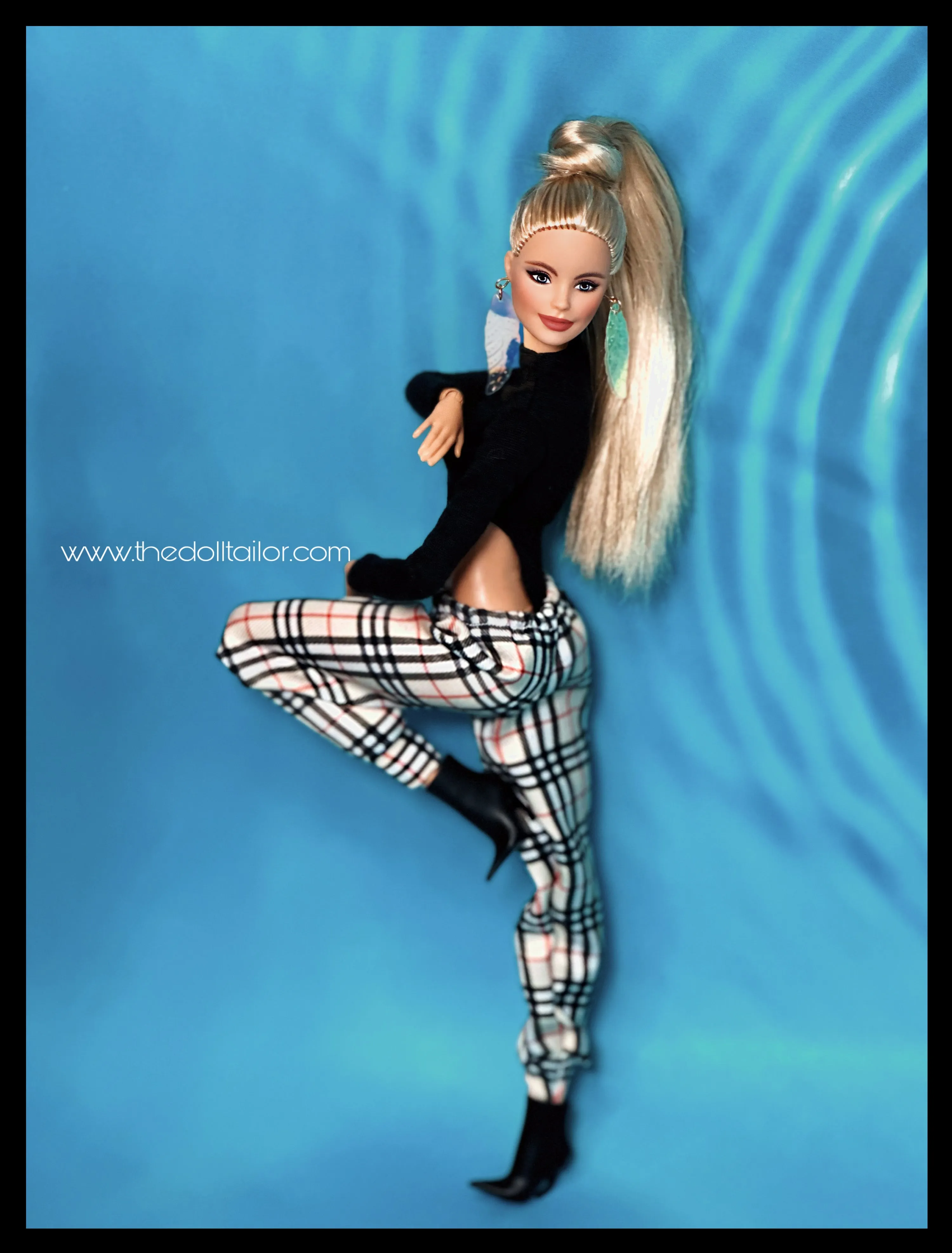 Black bodysuit for Barbie dolls tartan sweatpants