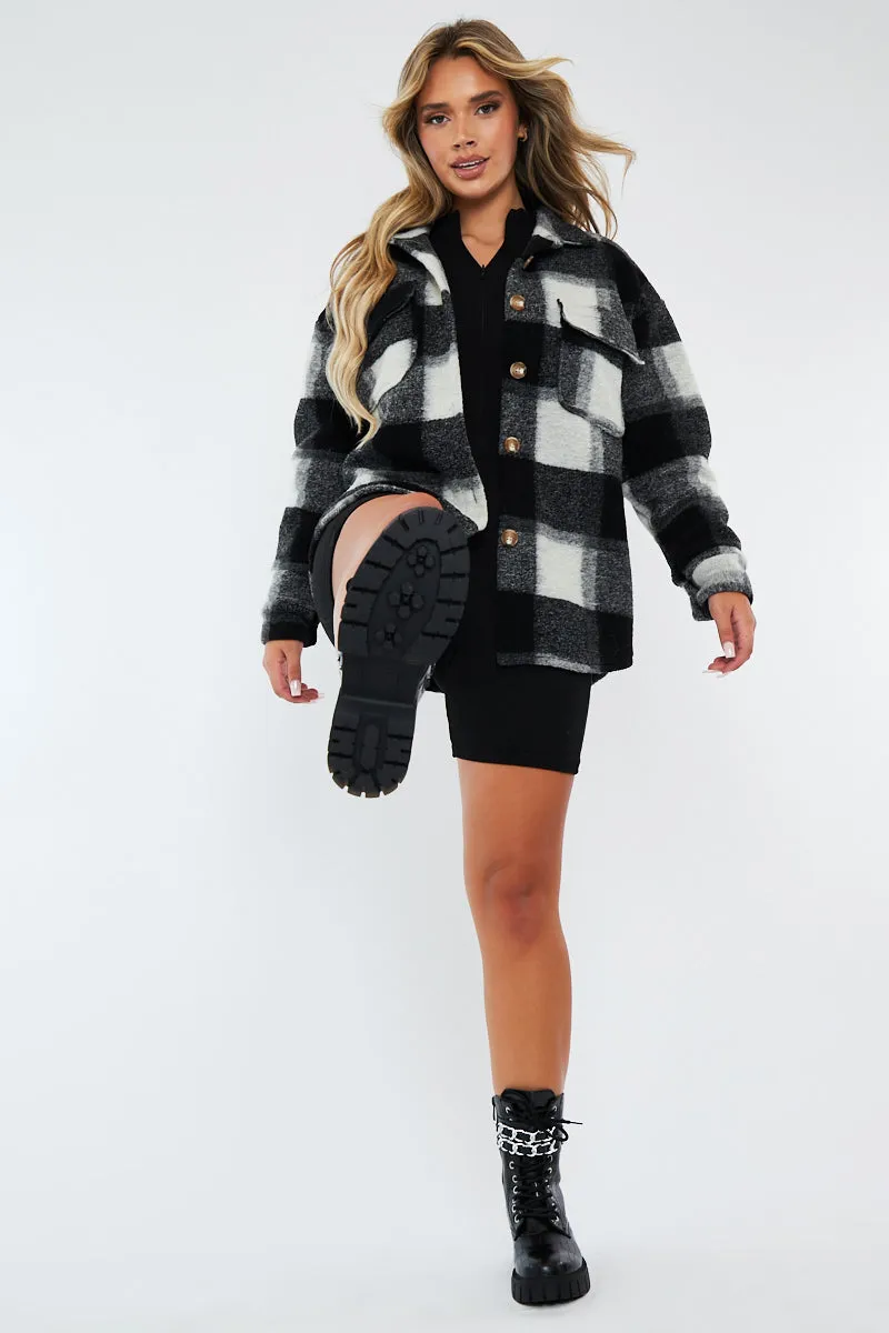 Black Checked Brushed Pocket Front Shacket - Peggy