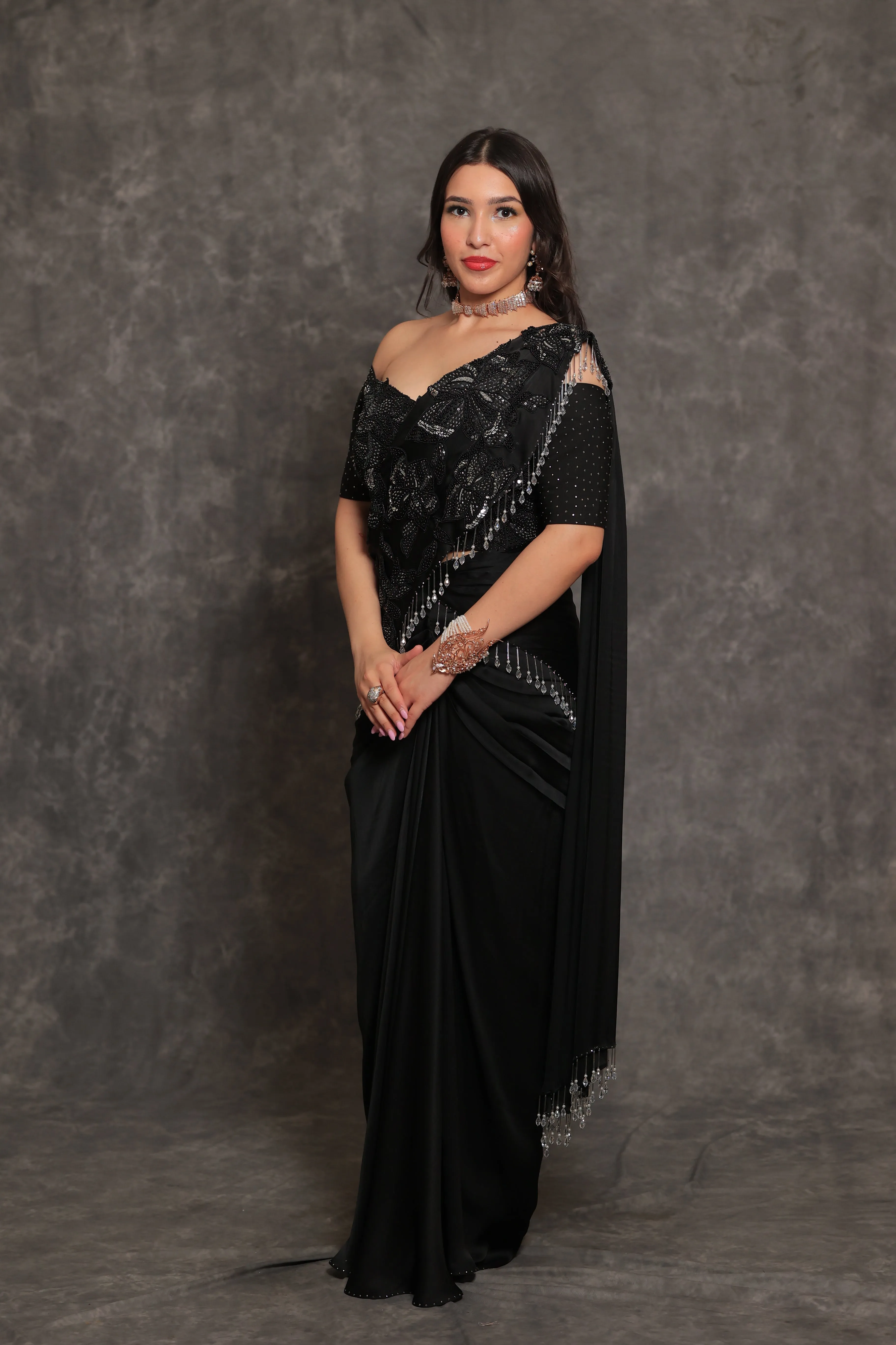 Black Floral Embroidered Saree