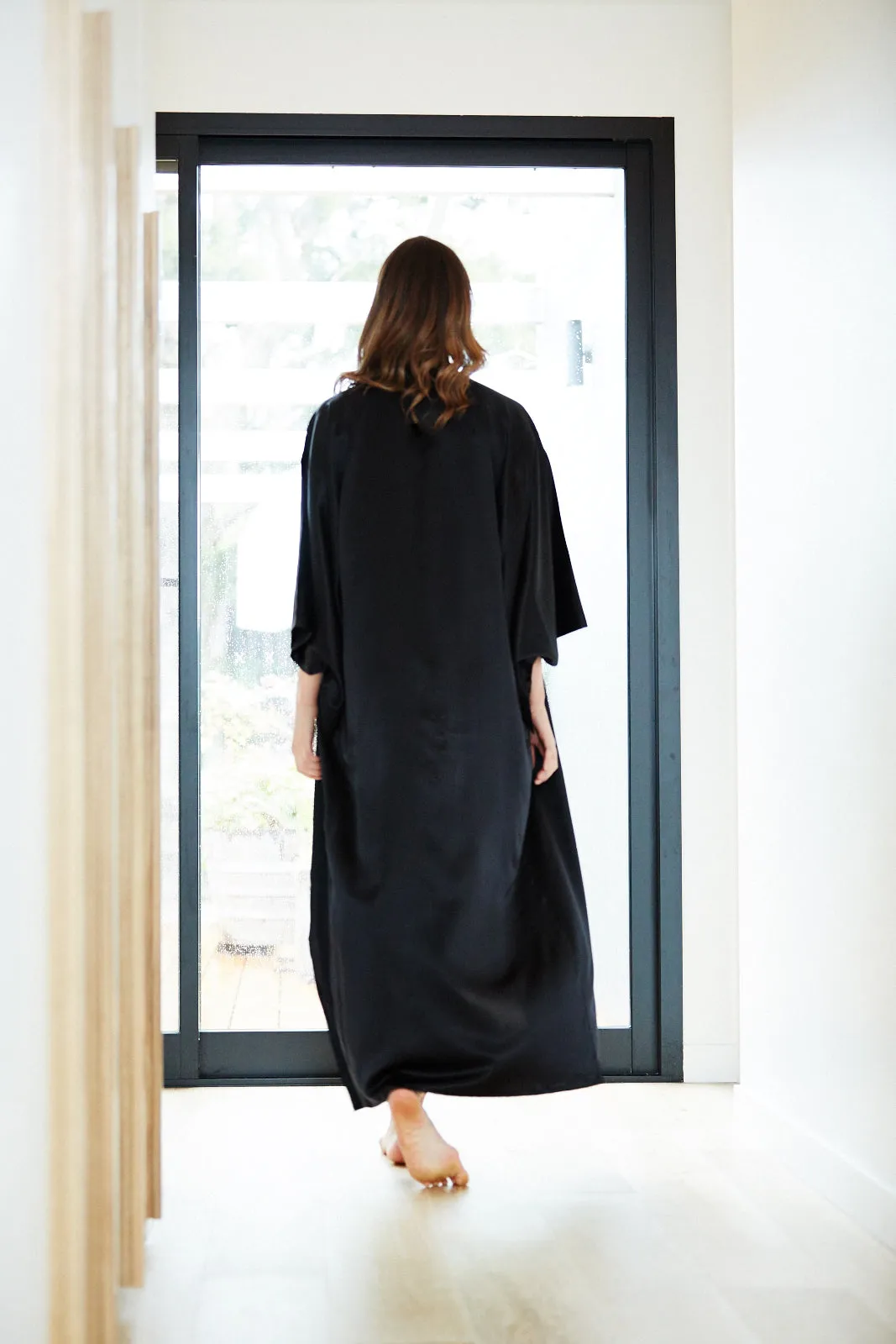 Black Fortune Womens Long Poly Satin Kimono Robe