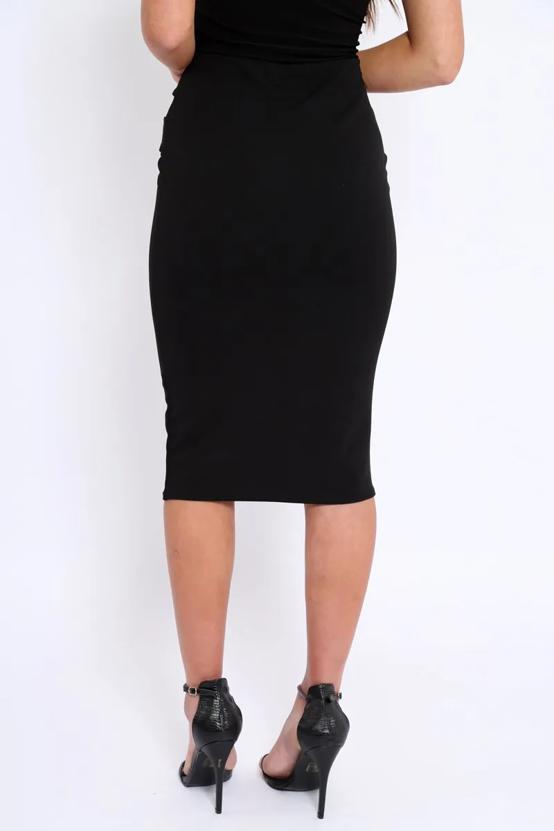 Black Midi Bodycon Skirt with Button Detailing - Yasmina