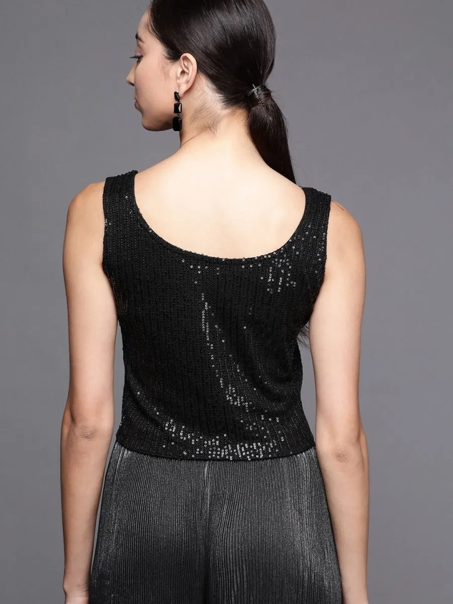 Black Silk blend Sequins Crop Top