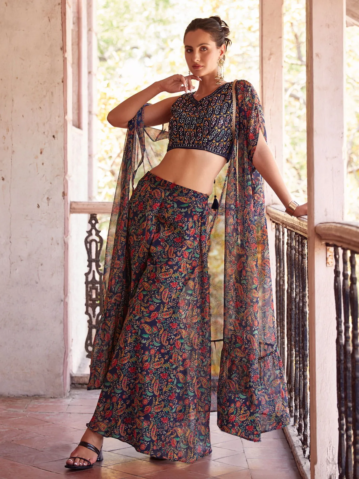 Blue Designer Crop Top Style Sharara Suit