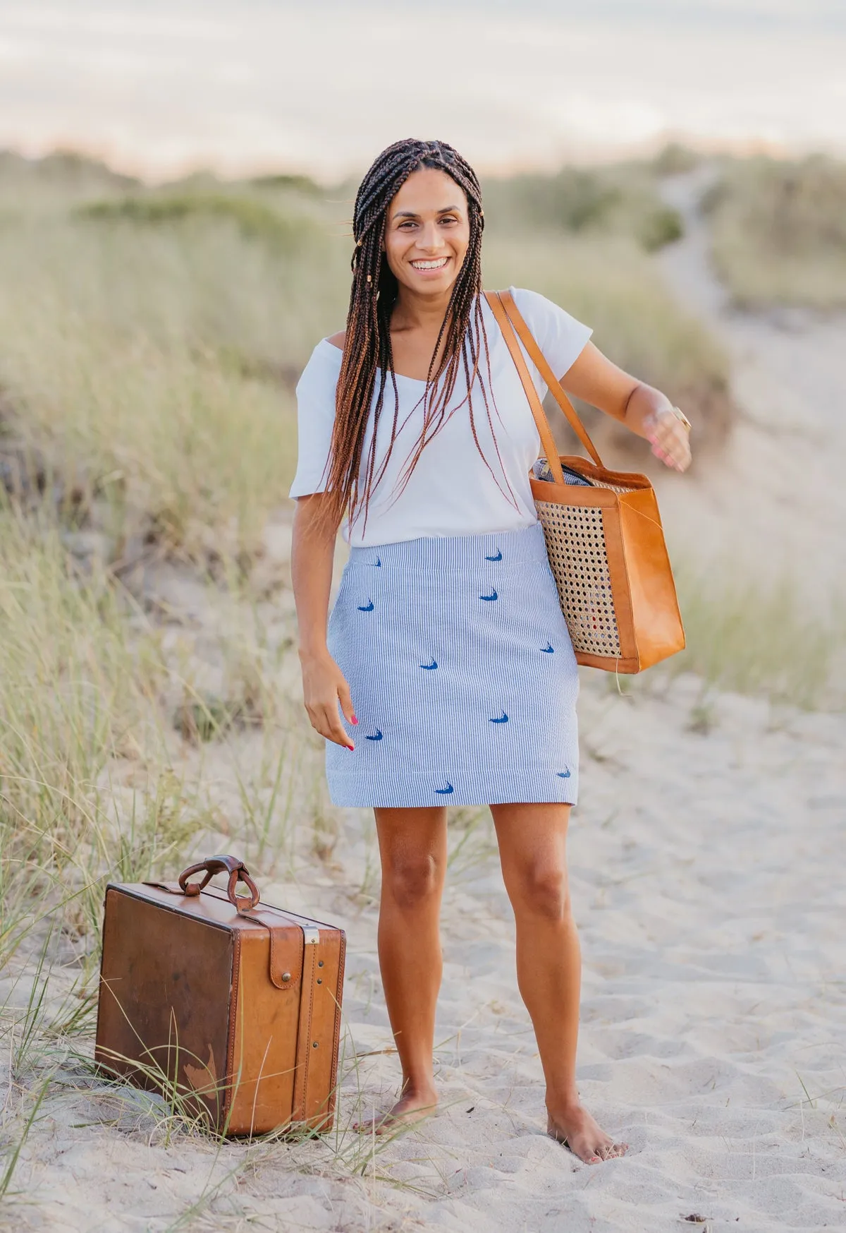 Blue Seersucker Women's Skirt with Navy Embroidered Nantuckets