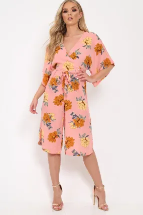 Blush Floral Kimono Sleeve Culotte Jumpsuit - Alyia