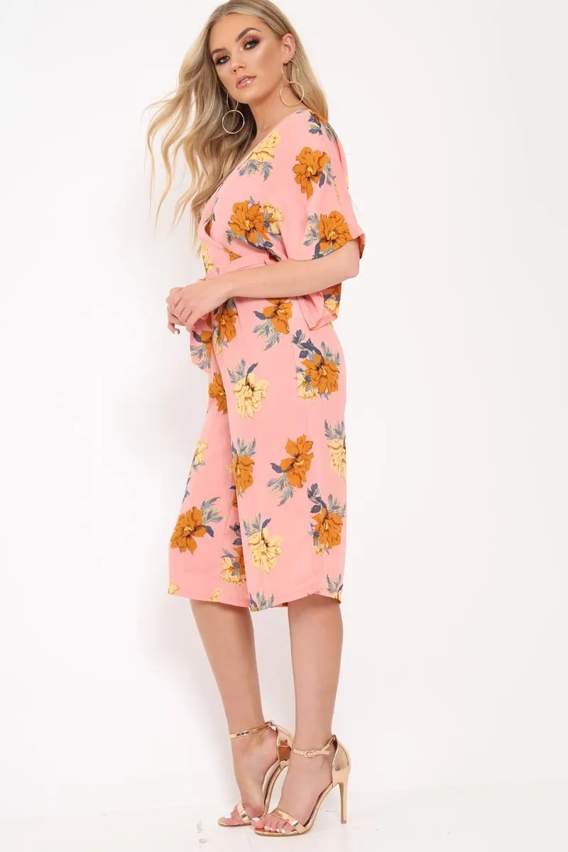 Blush Floral Kimono Sleeve Culotte Jumpsuit - Alyia