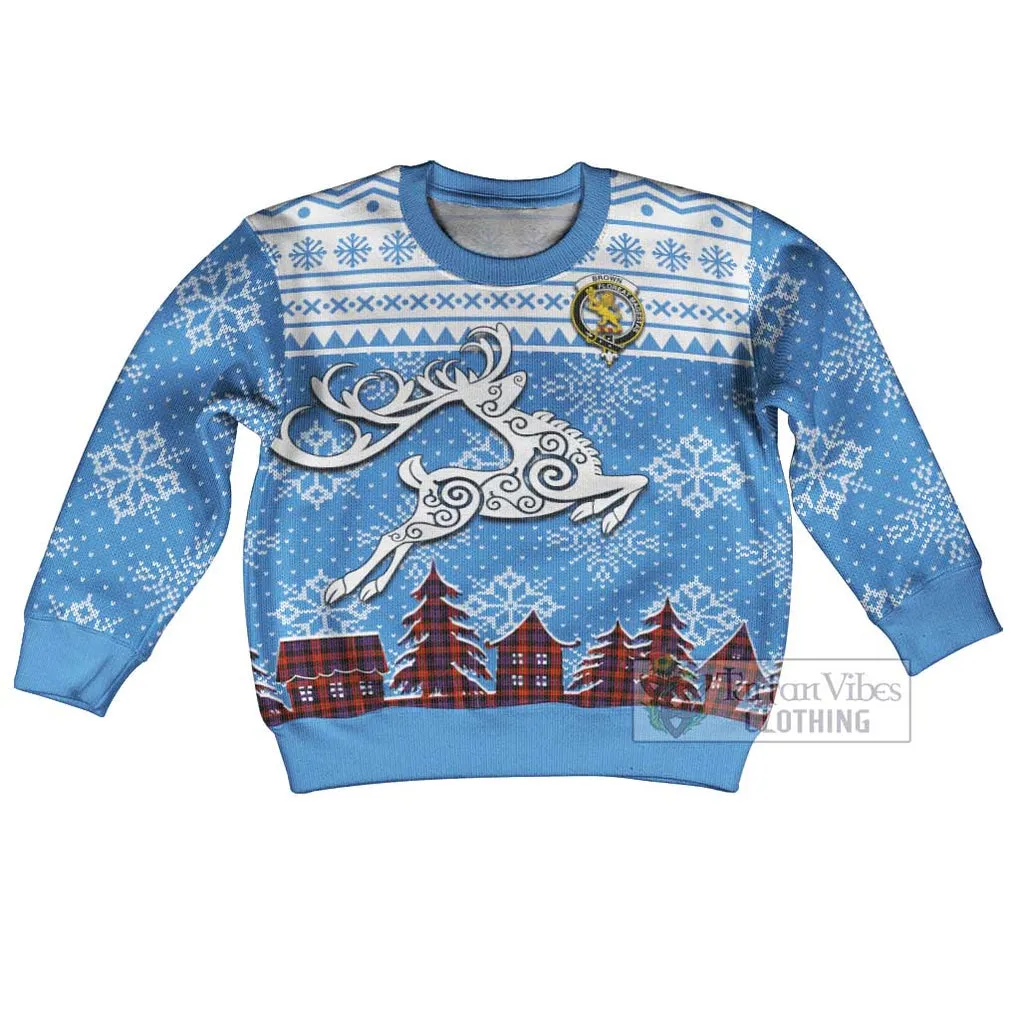 Brown (Broun) Clan Christmas Kid Ugly Sweater with Tartan and Celtic Reindeer Style