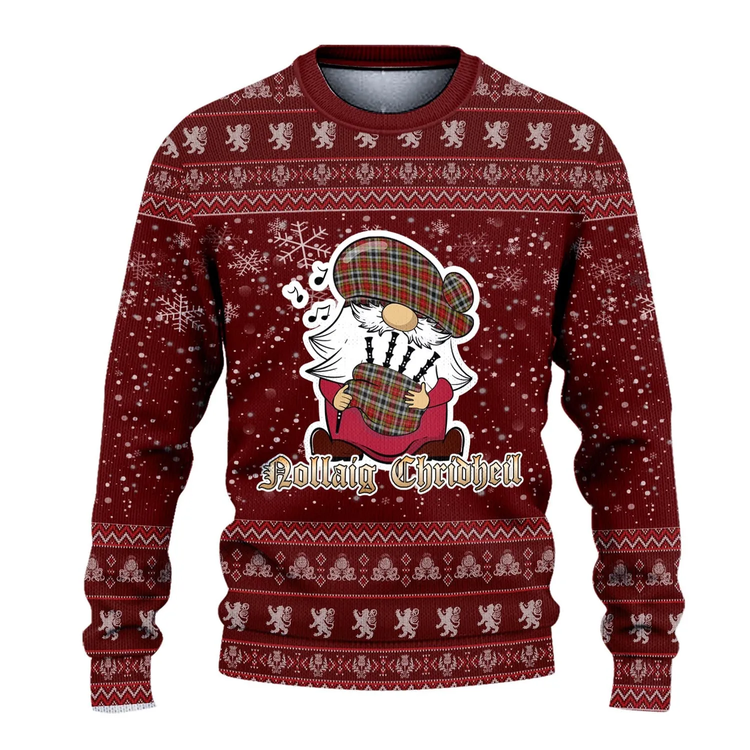 Buchanan Old Dress Clan Christmas Family Ugly Sweater with Funny Gnome Playing Bagpipes