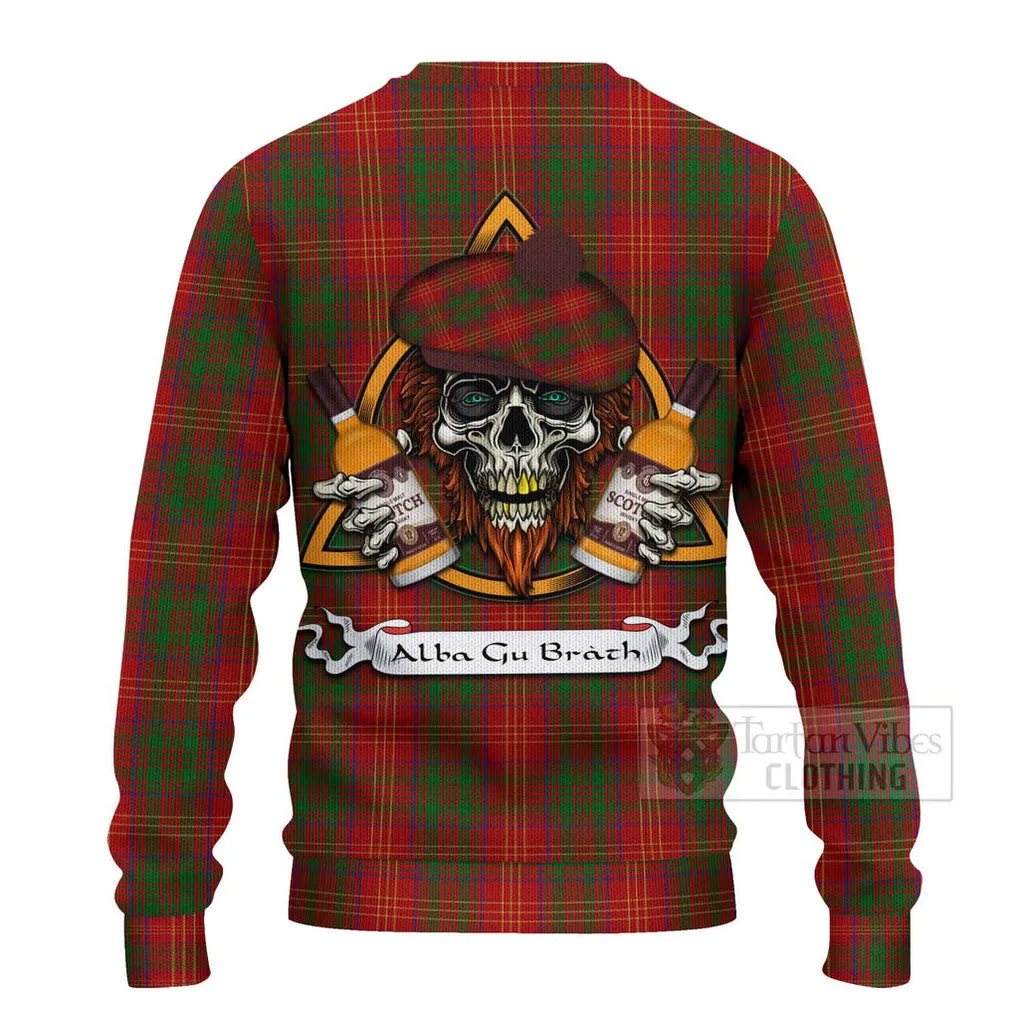 Burns Tartan Ugly Sweater with Family Crest and Bearded Skull Holding Bottles of Whiskey