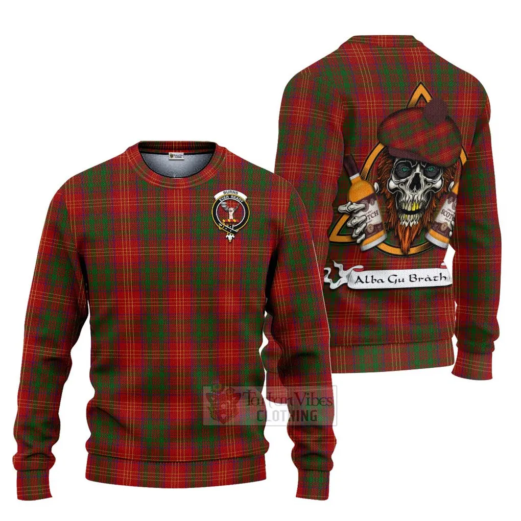 Burns Tartan Ugly Sweater with Family Crest and Bearded Skull Holding Bottles of Whiskey