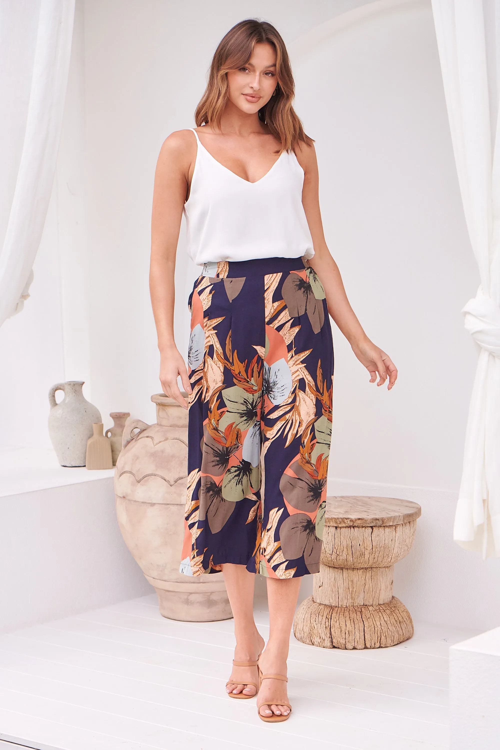 Calypso Navy/Multi Floral Print Culotte Pants