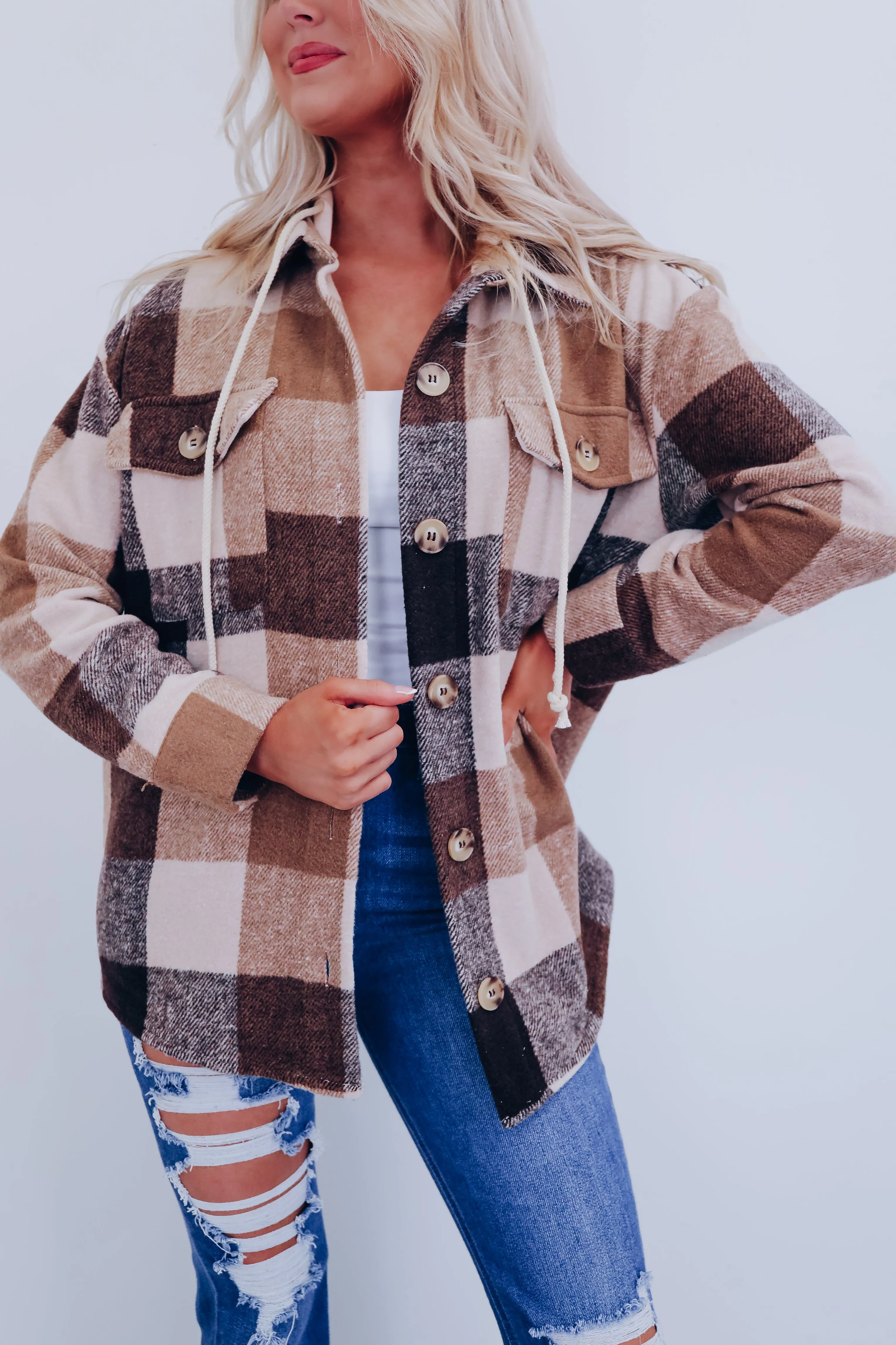 Campfire Cozy Plaid Hoodie Shacket - Camel